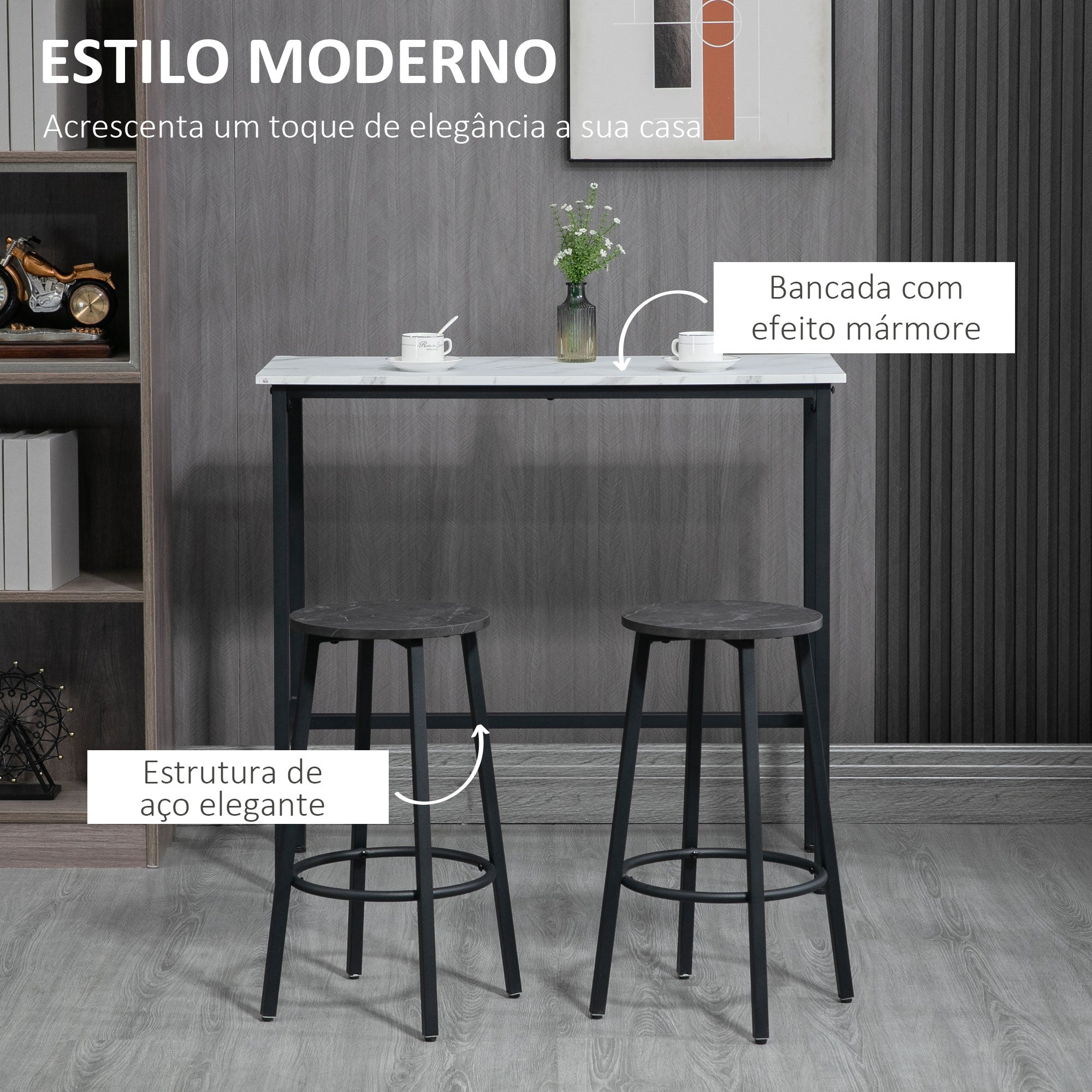 Conjunto de Mesa Alta e Bancos Redondos – 100x40x90 cm – Branco e Preto – Aço e Aglomerado de Madeira