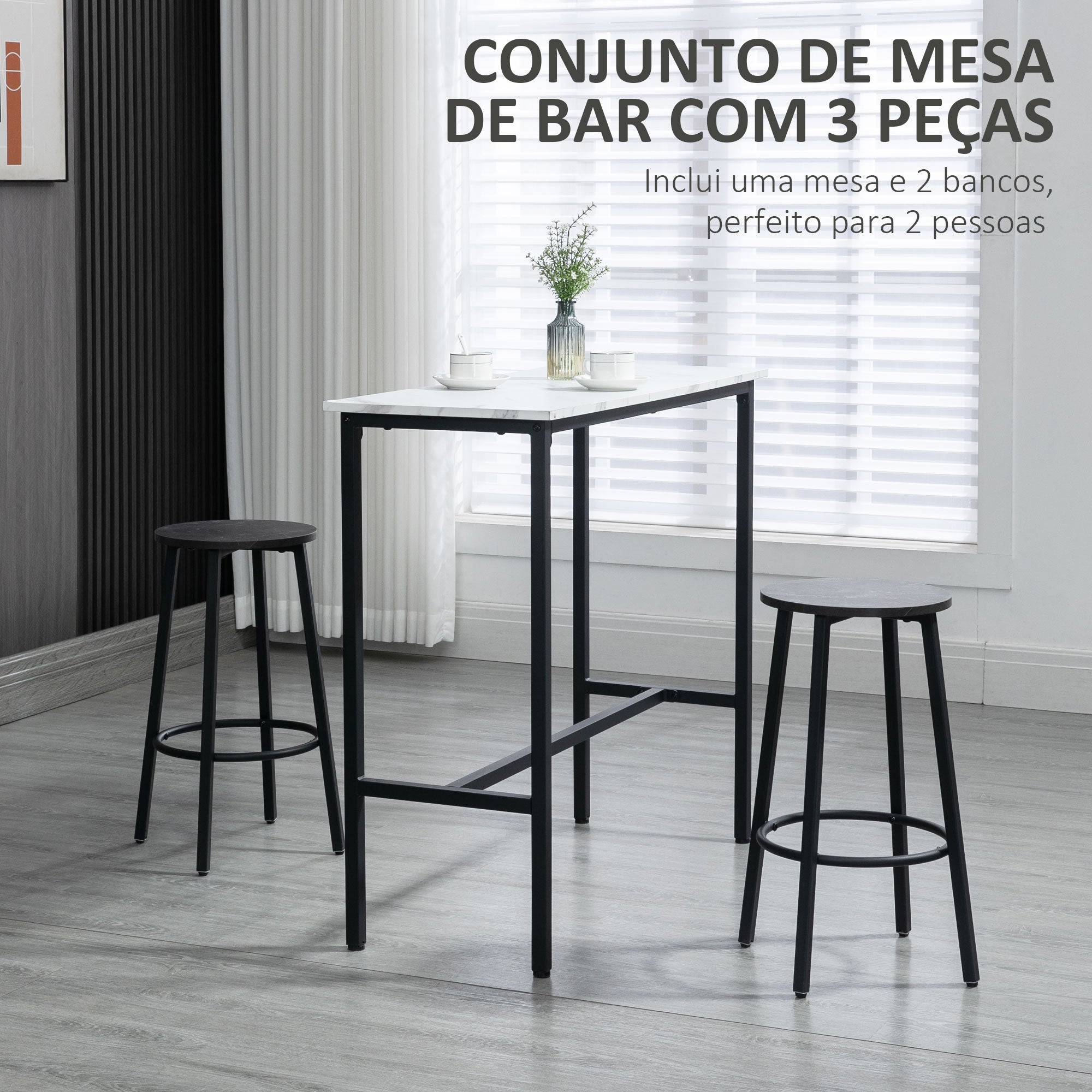 Conjunto de Mesa Alta e Bancos Redondos – 100x40x90 cm – Branco e Preto – Aço e Aglomerado de Madeira