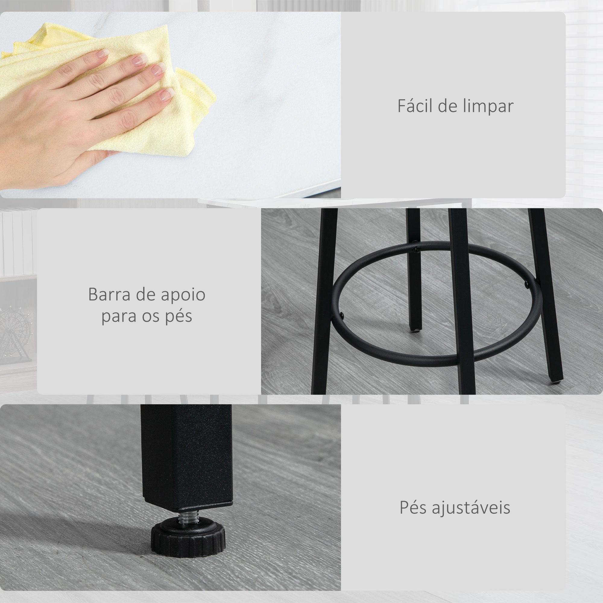 Conjunto de Mesa Alta e Bancos Redondos – 100x40x90 cm – Branco e Preto – Aço e Aglomerado de Madeira