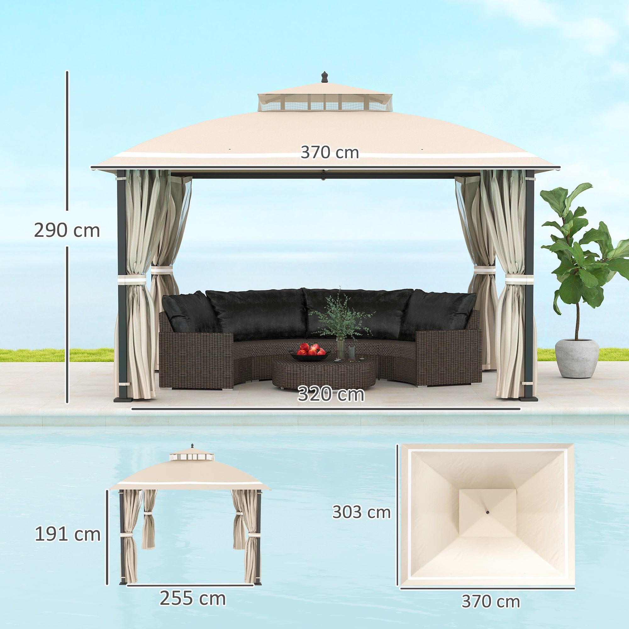 Pérgola de Jardim 370x303x290 cm Bege com Telhado Duplo e Cortinas Laterais