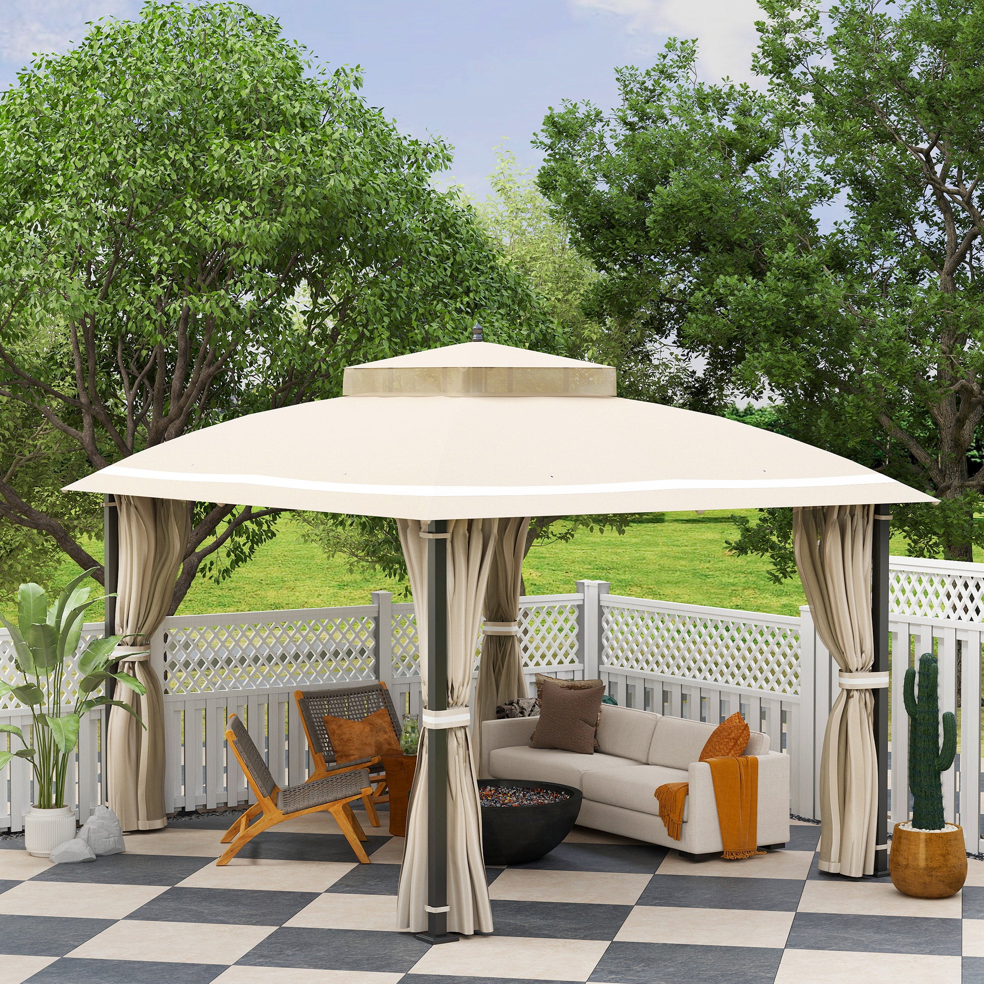 Pérgola de Jardim 370x303x290 cm Bege com Telhado Duplo e Cortinas Laterais
