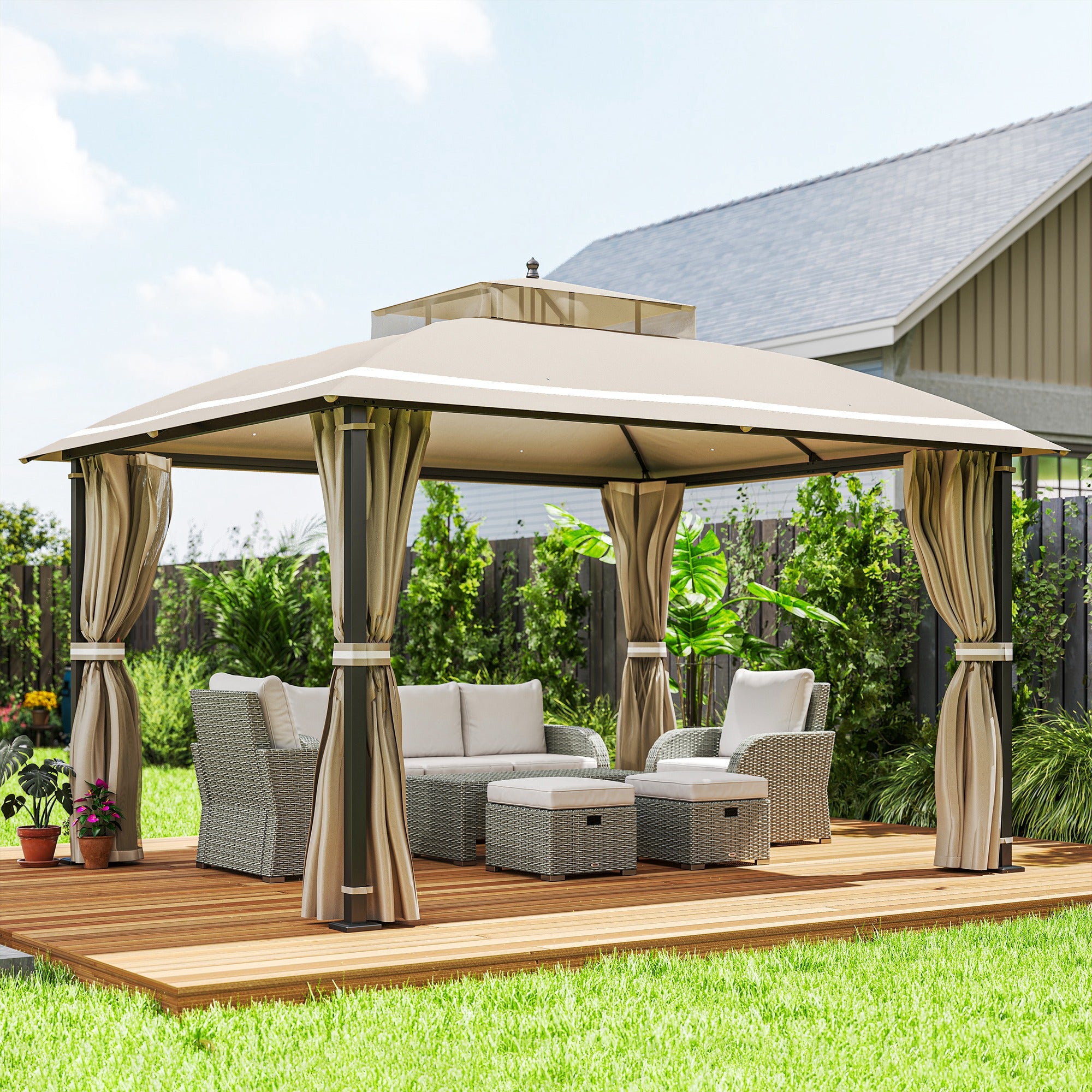 Pérgola de Jardim 370x303x290 cm Bege com Telhado Duplo e Cortinas Laterais