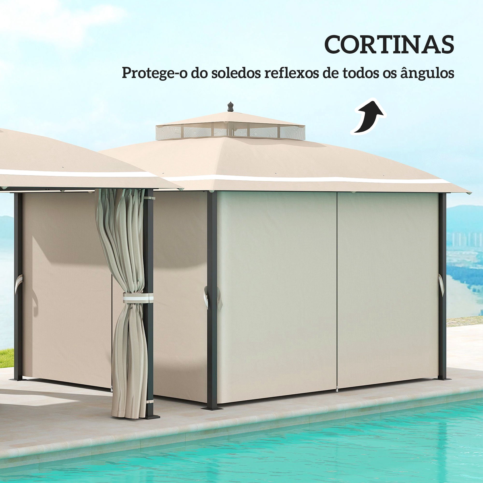 Pérgola de Jardim 370x303x290 cm Bege com Telhado Duplo e Cortinas Laterais