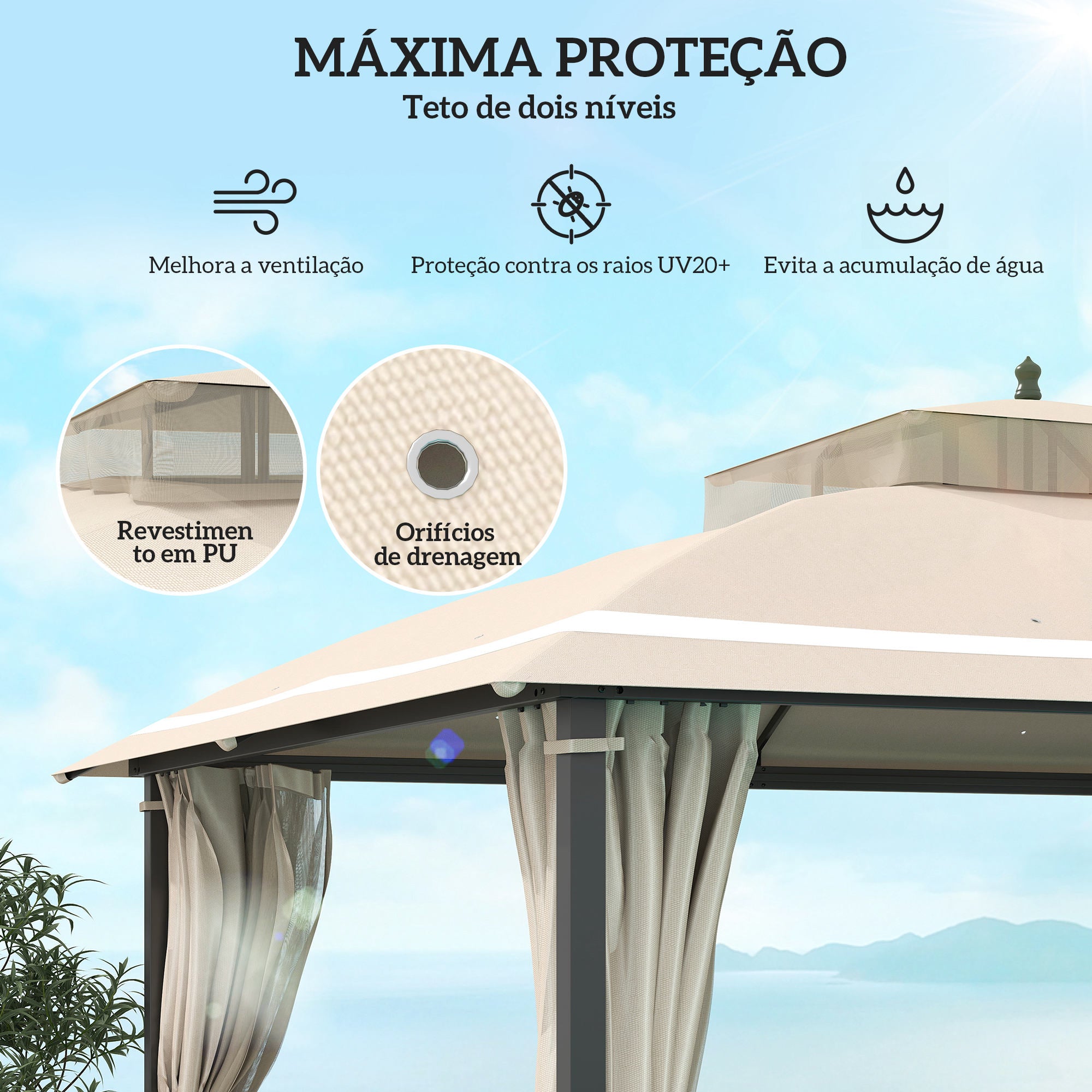 Pérgola de Jardim 370x303x290 cm Bege com Telhado Duplo e Cortinas Laterais