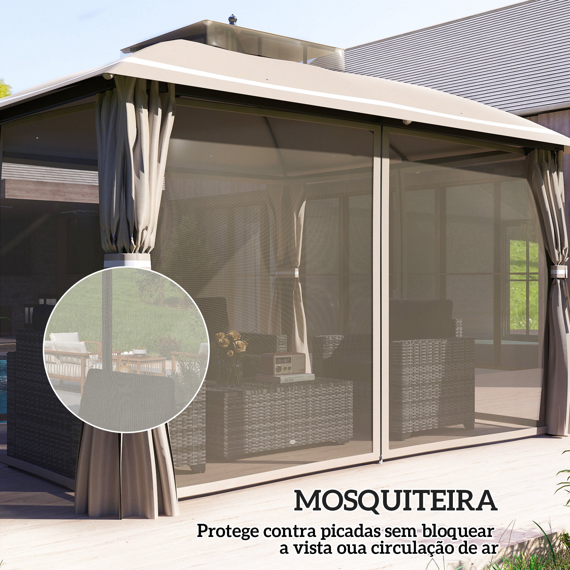 Pérgola de Jardim 370x303x290 cm Bege com Telhado Duplo e Cortinas Laterais