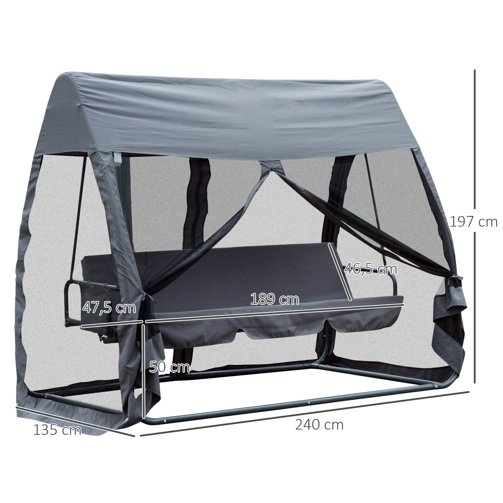 Baloiço de Jardim 3 Lugares Cinzento 240x140x197cm - Transformável em Cama com Rede Mosquiteira