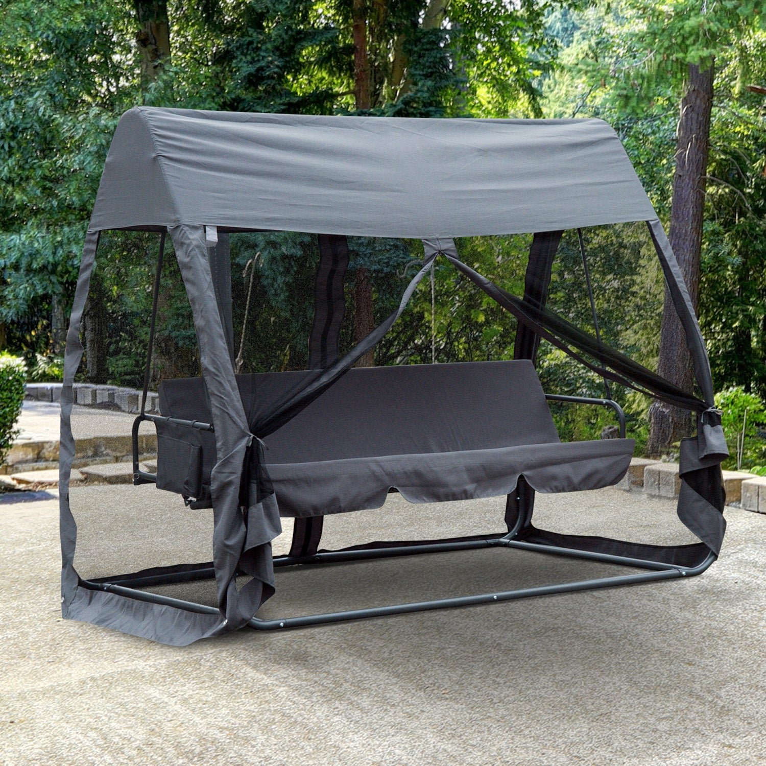Baloiço de Jardim 3 Lugares Cinzento 240x140x197cm - Transformável em Cama com Rede Mosquiteira