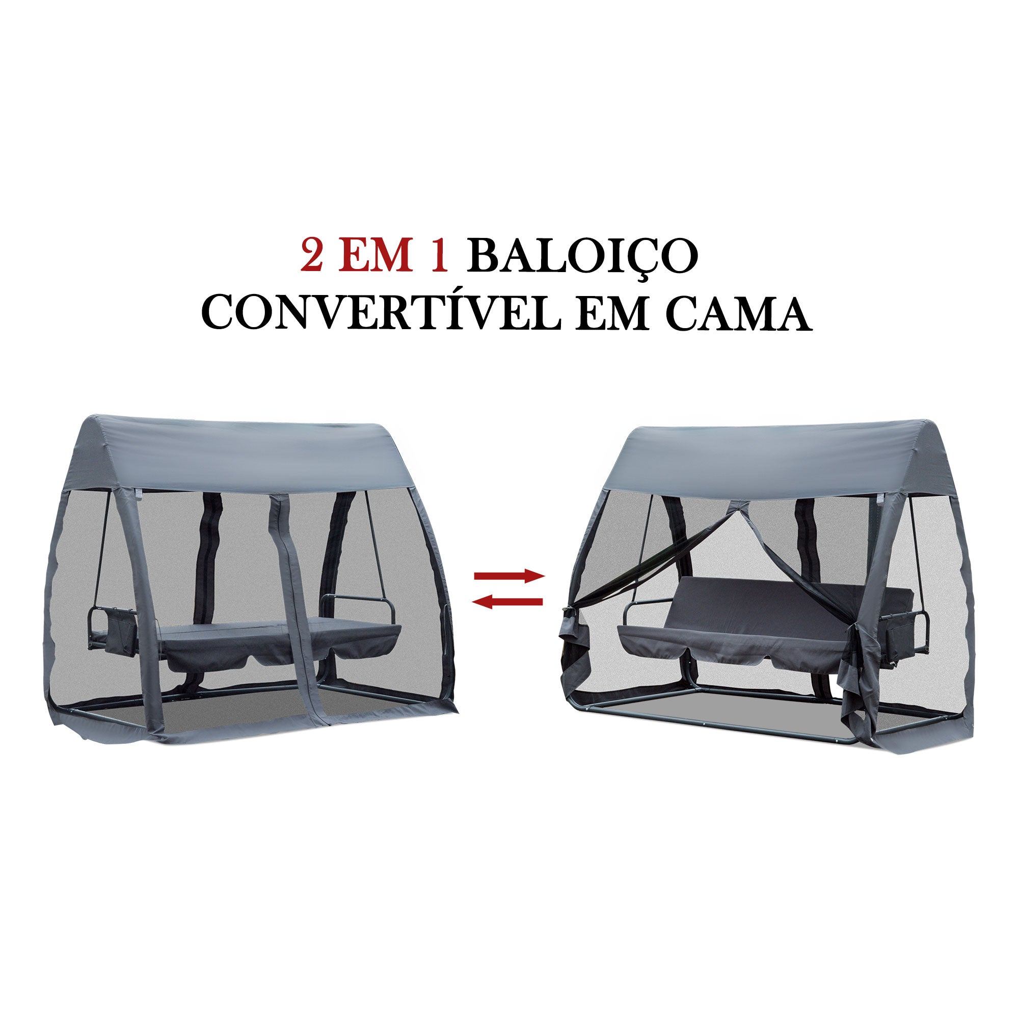 Baloiço de Jardim 3 Lugares Cinzento 240x140x197cm - Transformável em Cama com Rede Mosquiteira