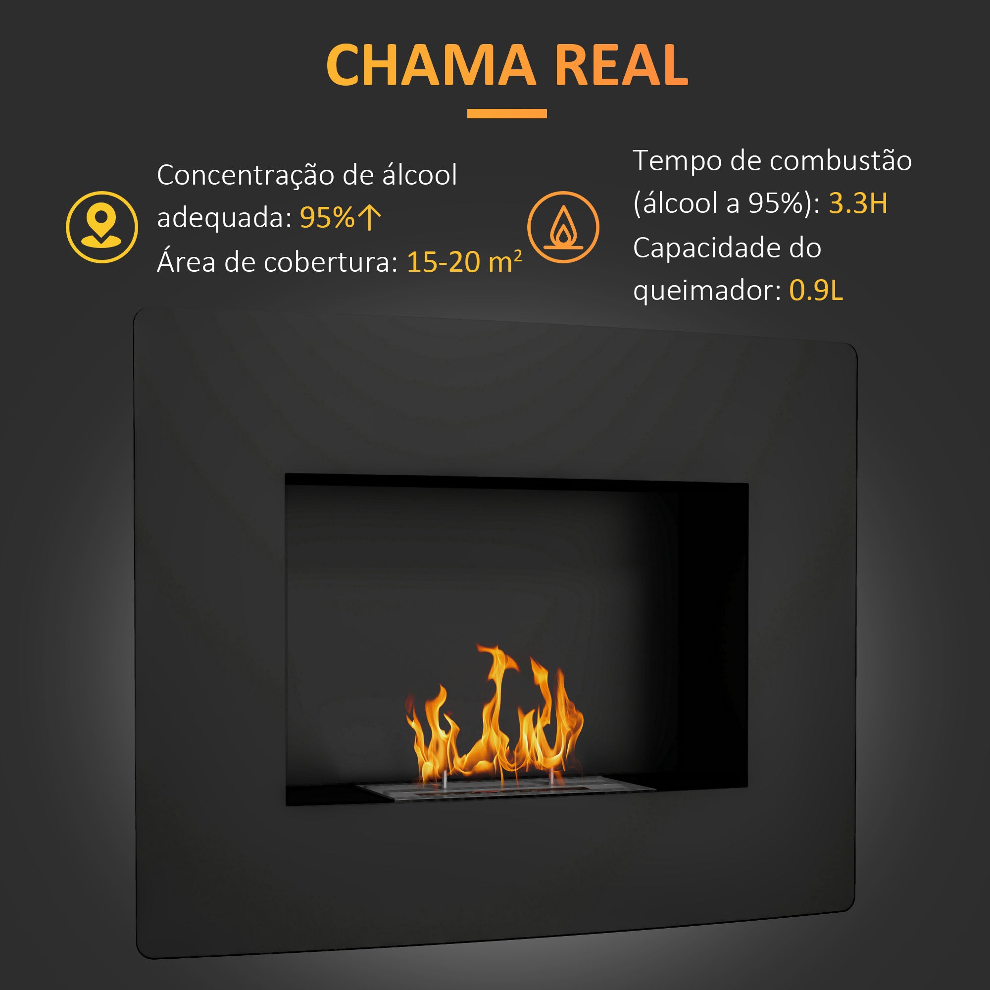Lareira de Bioetanol de Parede 66x16x52 cm - Cor Preto