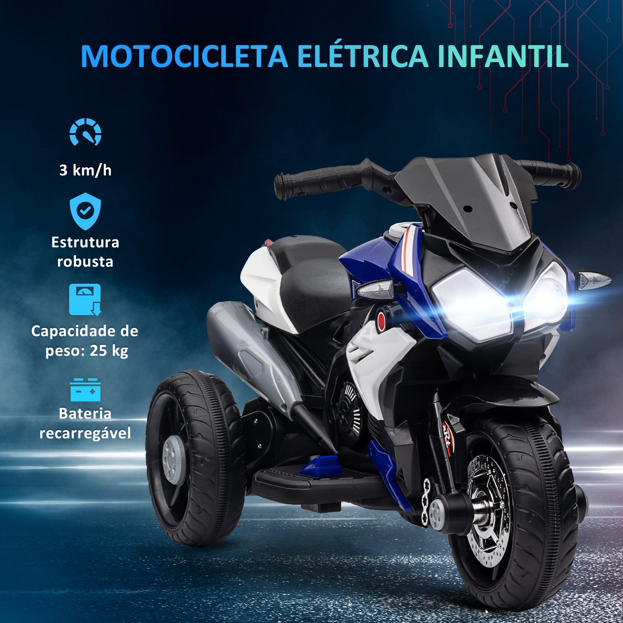Triciclo Infantil Elétrico com 3 Rodas 86x42x52 cm - Azul
