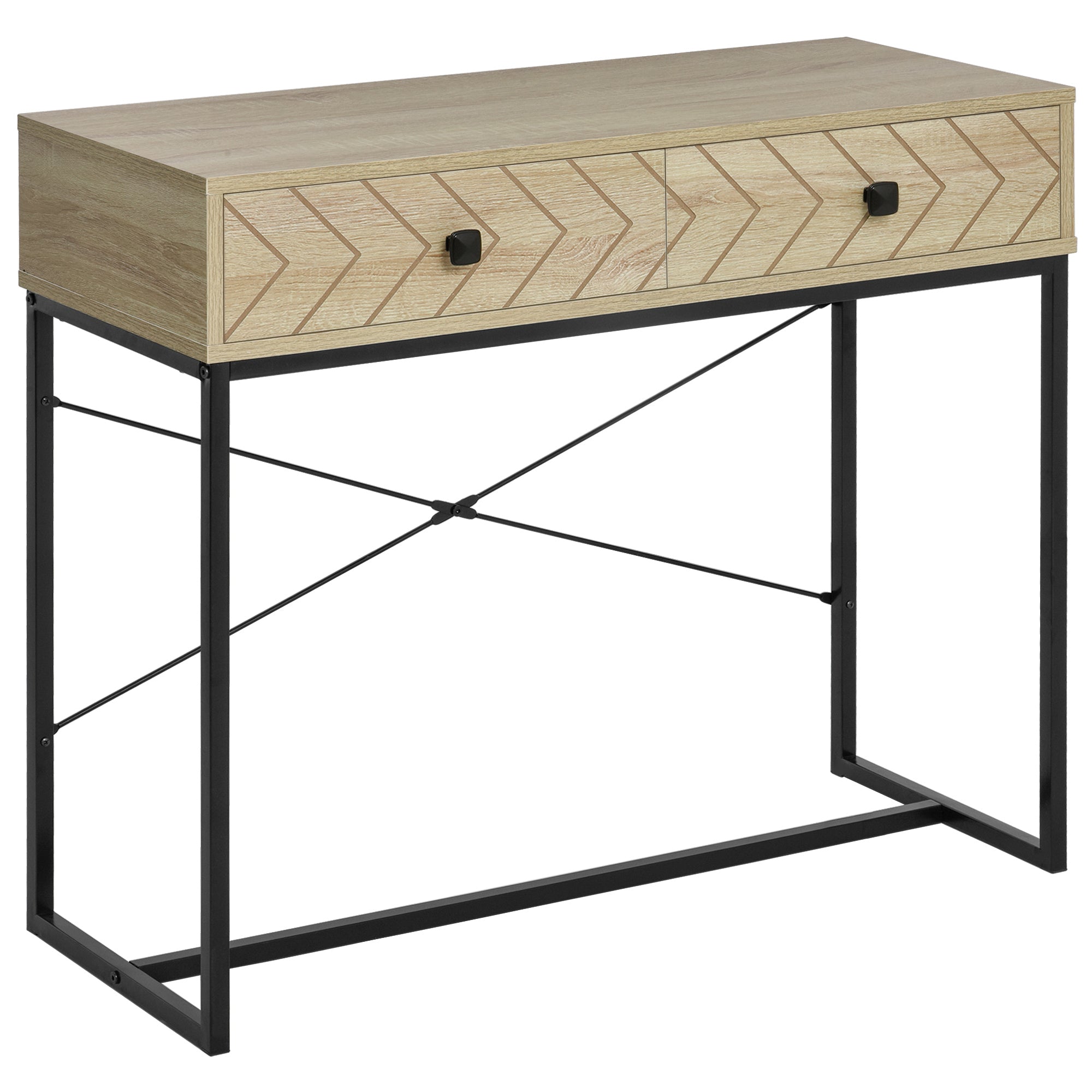 Mesa Consola Natural 90x35x76cm com 2 Gavetas de Armazenamento - Cor de Madeira Natural