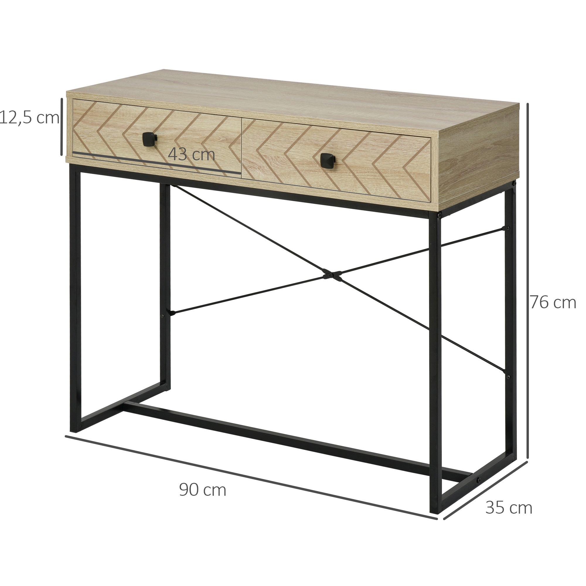 Mesa Consola Natural 90x35x76cm com 2 Gavetas de Armazenamento - Cor de Madeira Natural