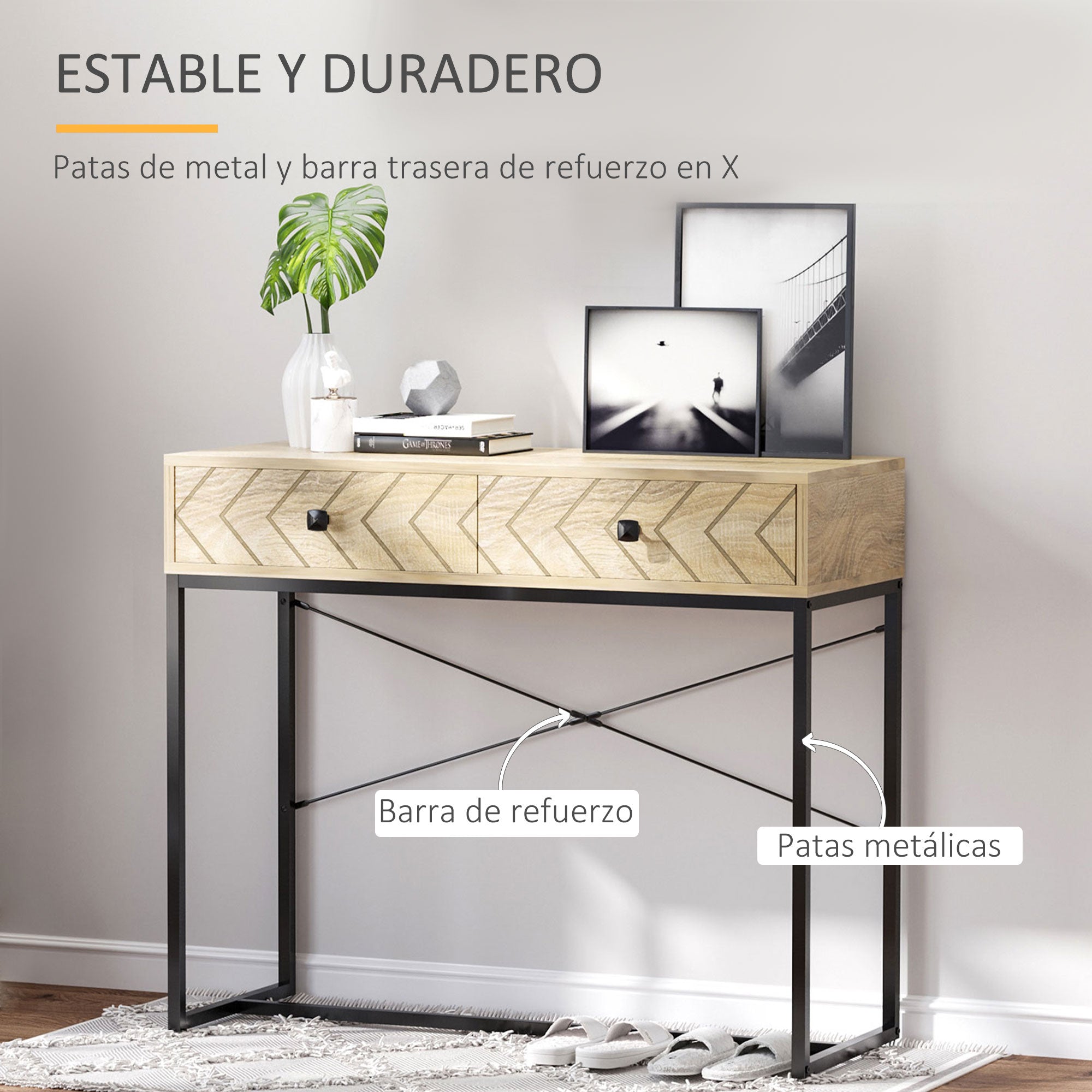 Mesa Consola Natural 90x35x76cm com 2 Gavetas de Armazenamento - Cor de Madeira Natural