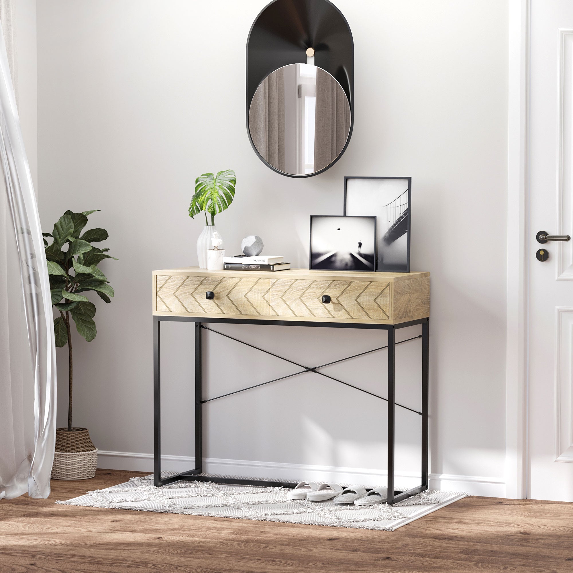 Mesa Consola Natural 90x35x76cm com 2 Gavetas de Armazenamento - Cor de Madeira Natural