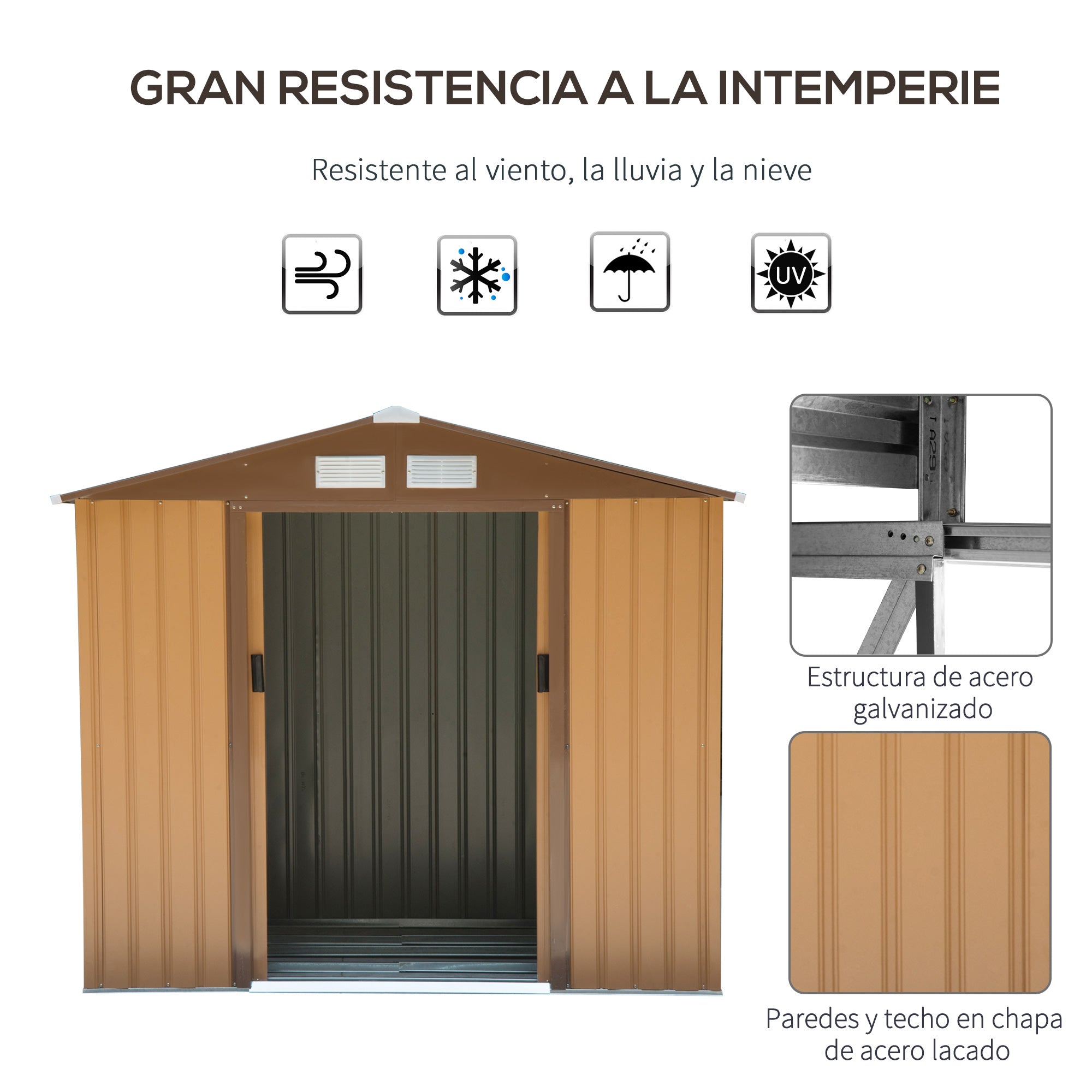 Abrigo de Jardim Cáqui 213x130x185cm - Armazenamento de Ferramentas