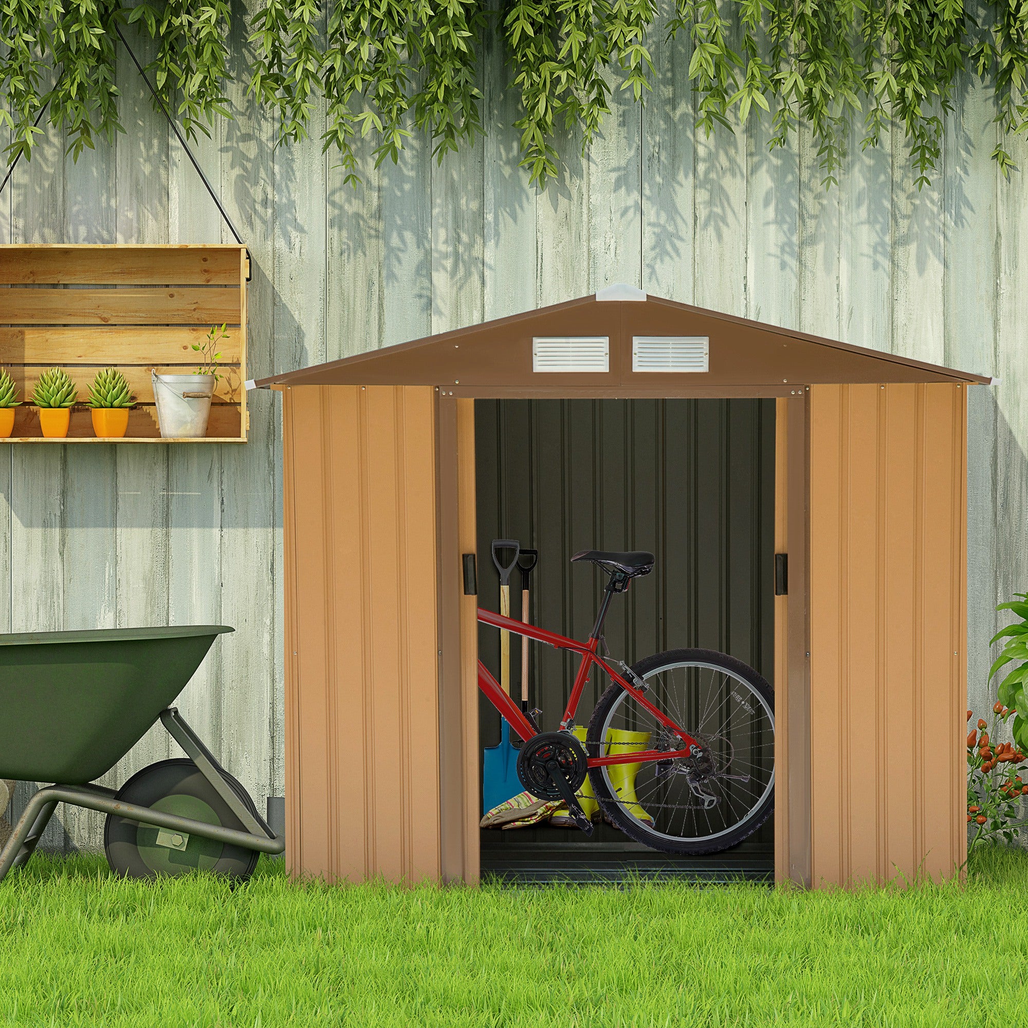 Abrigo de Jardim Cáqui 213x130x185cm - Armazenamento de Ferramentas