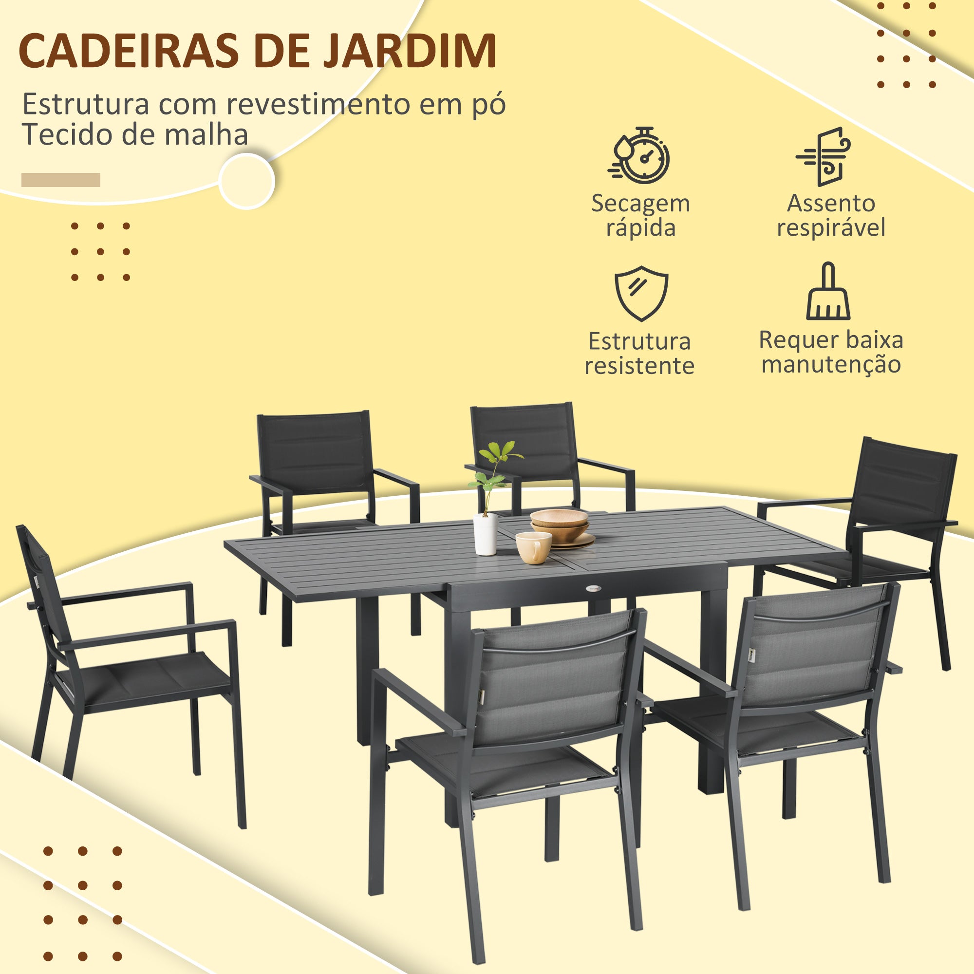 Conjunto de Móveis de Jardim 7 Peças – 90-180x89x74cm – Cinza – Alumínio e Textilene