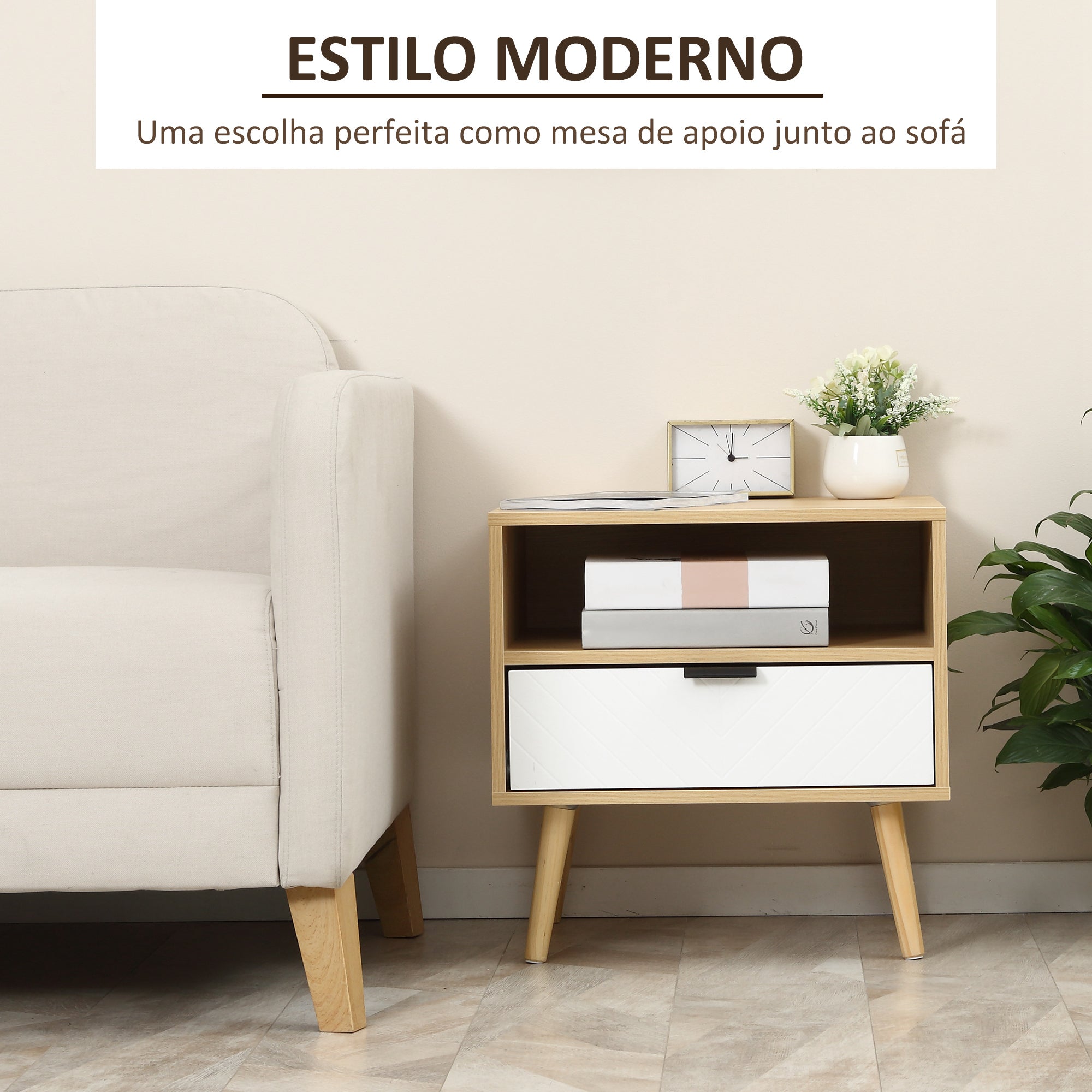 Mesa de Cabeceira Moderna 50x39.5x49.5 cm Natural e Branco