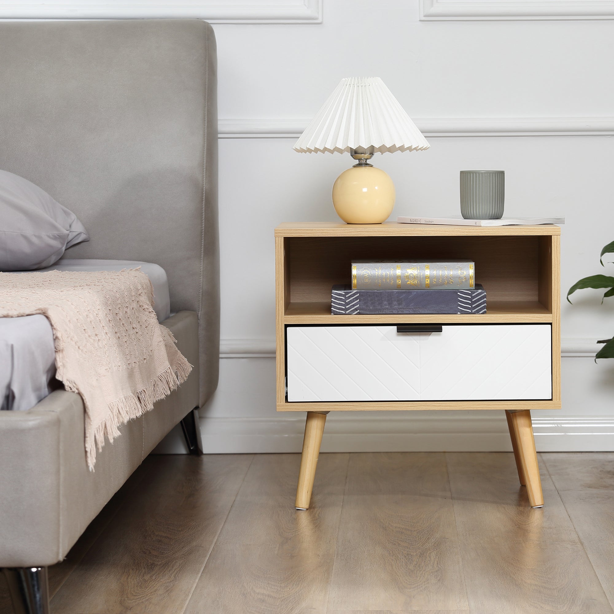 Mesa de Cabeceira Moderna 50x39.5x49.5 cm Natural e Branco
