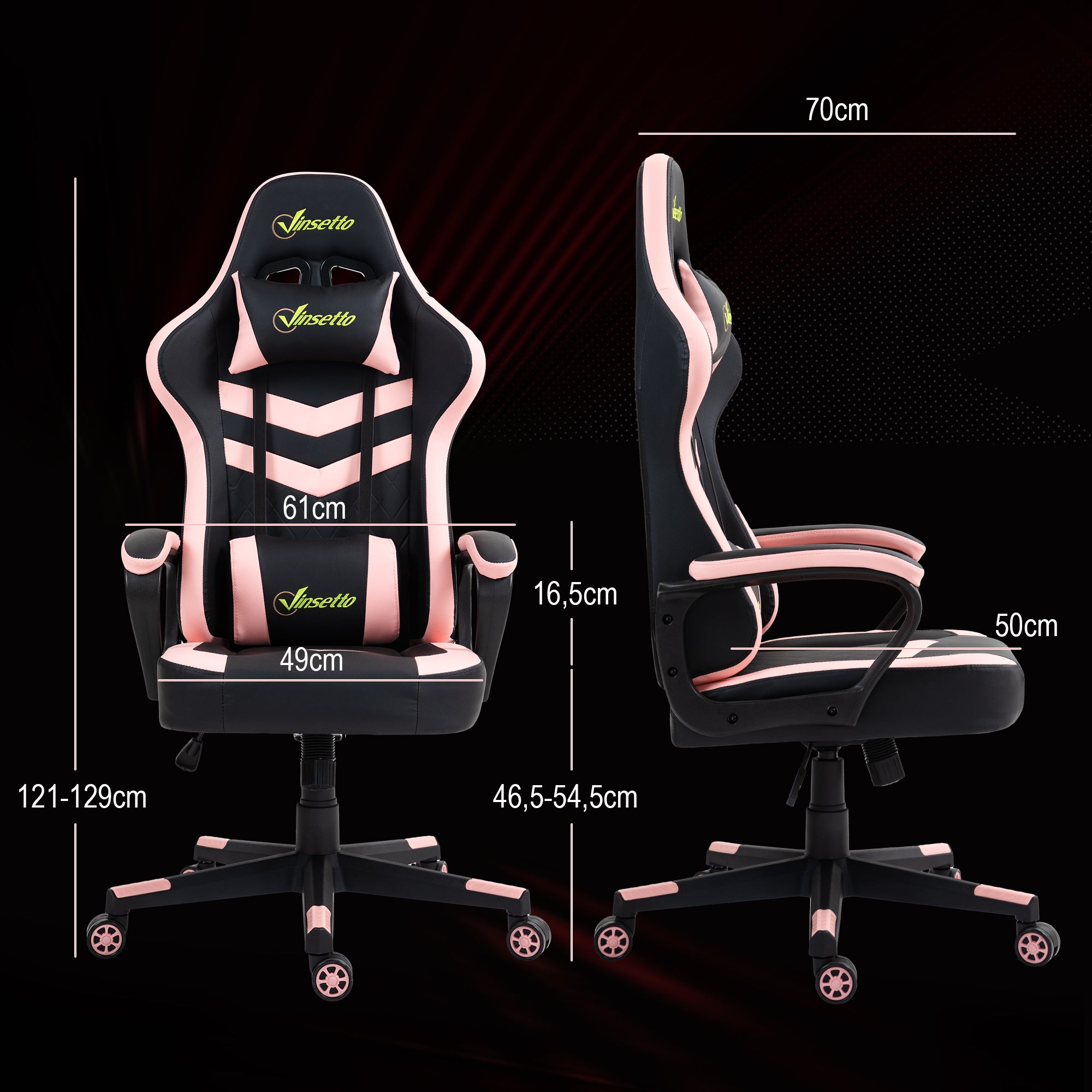 Cadeira Ergonómica Gaming Acolchoada Rosa e Preto 61x70x121-129 cm
