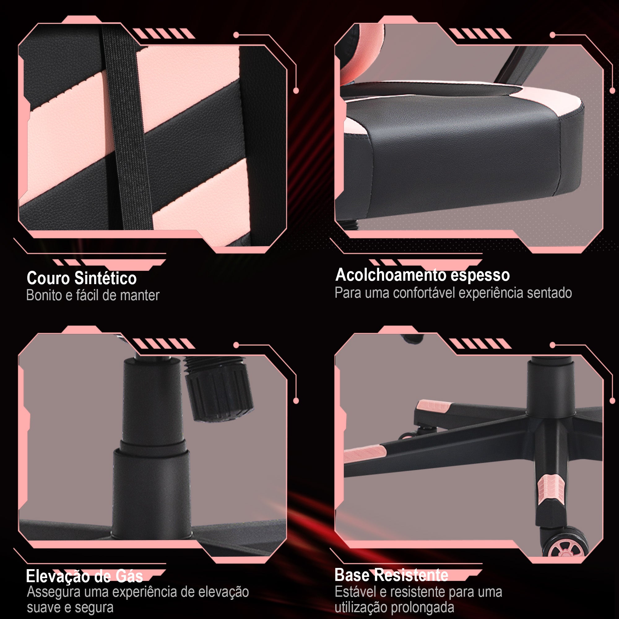Cadeira Ergonómica Gaming Acolchoada Rosa e Preto 61x70x121-129 cm