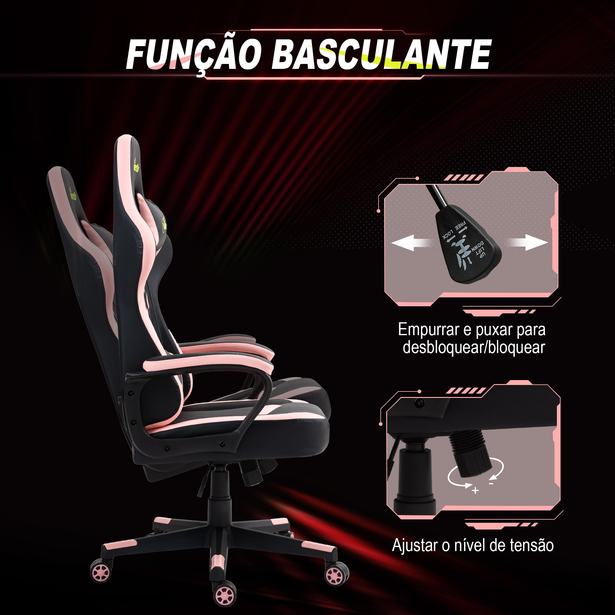 Cadeira Ergonómica Gaming Acolchoada Rosa e Preto 61x70x121-129 cm