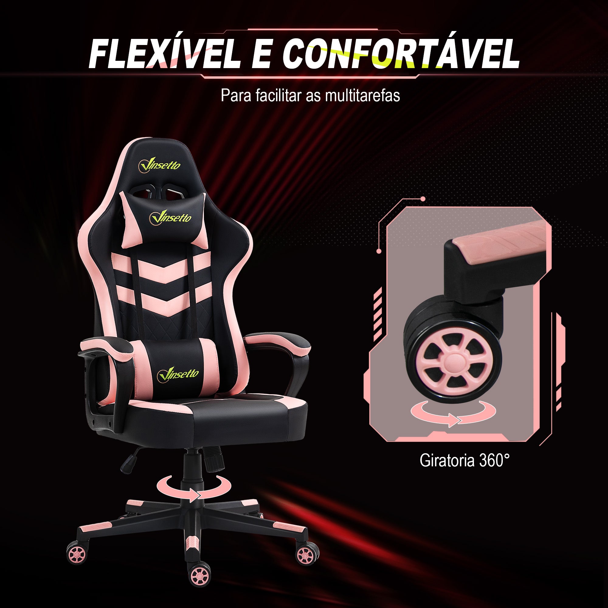 Cadeira Ergonómica Gaming Acolchoada Rosa e Preto 61x70x121-129 cm