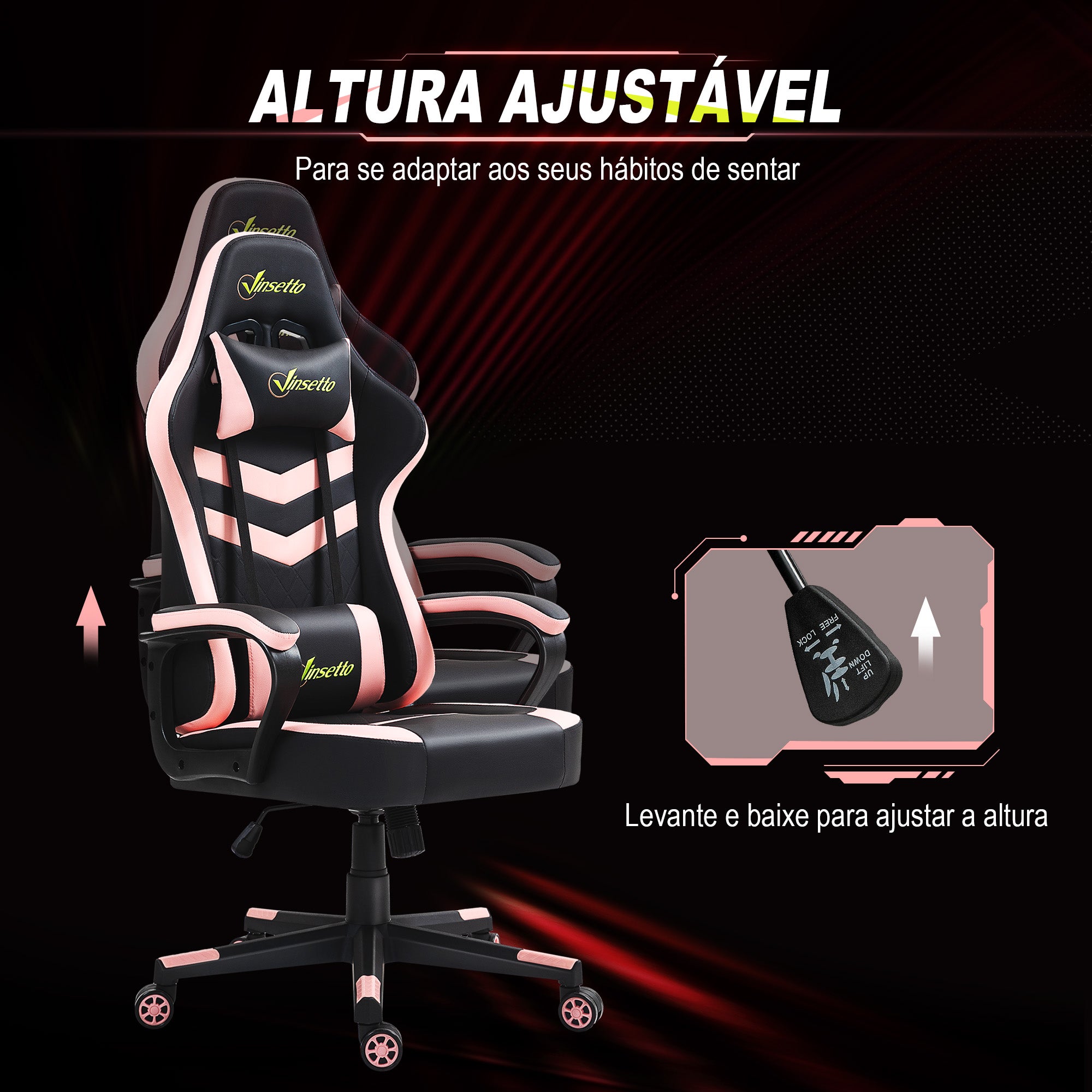 Cadeira Ergonómica Gaming Acolchoada Rosa e Preto 61x70x121-129 cm