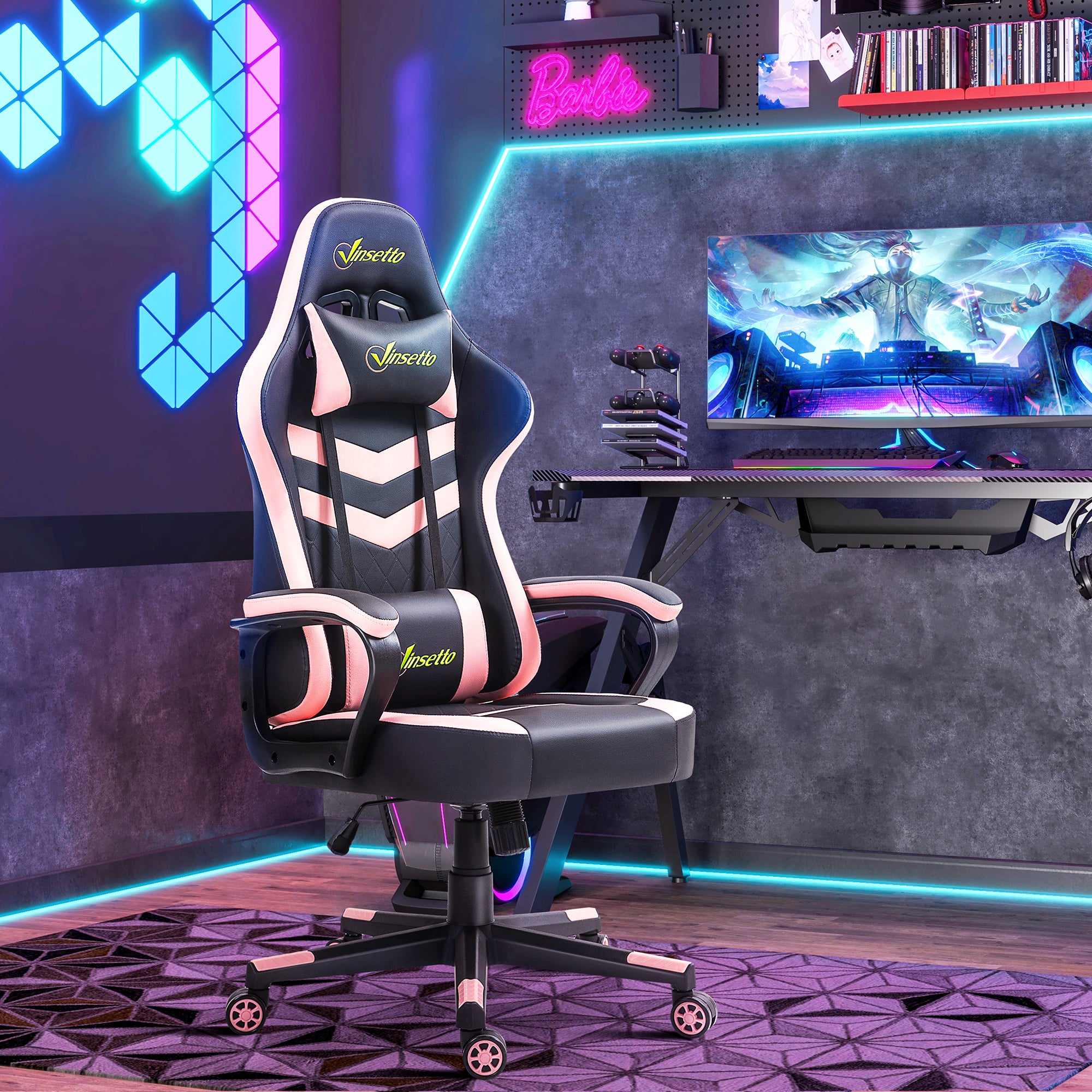 Cadeira Ergonómica Gaming Acolchoada Rosa e Preto 61x70x121-129 cm