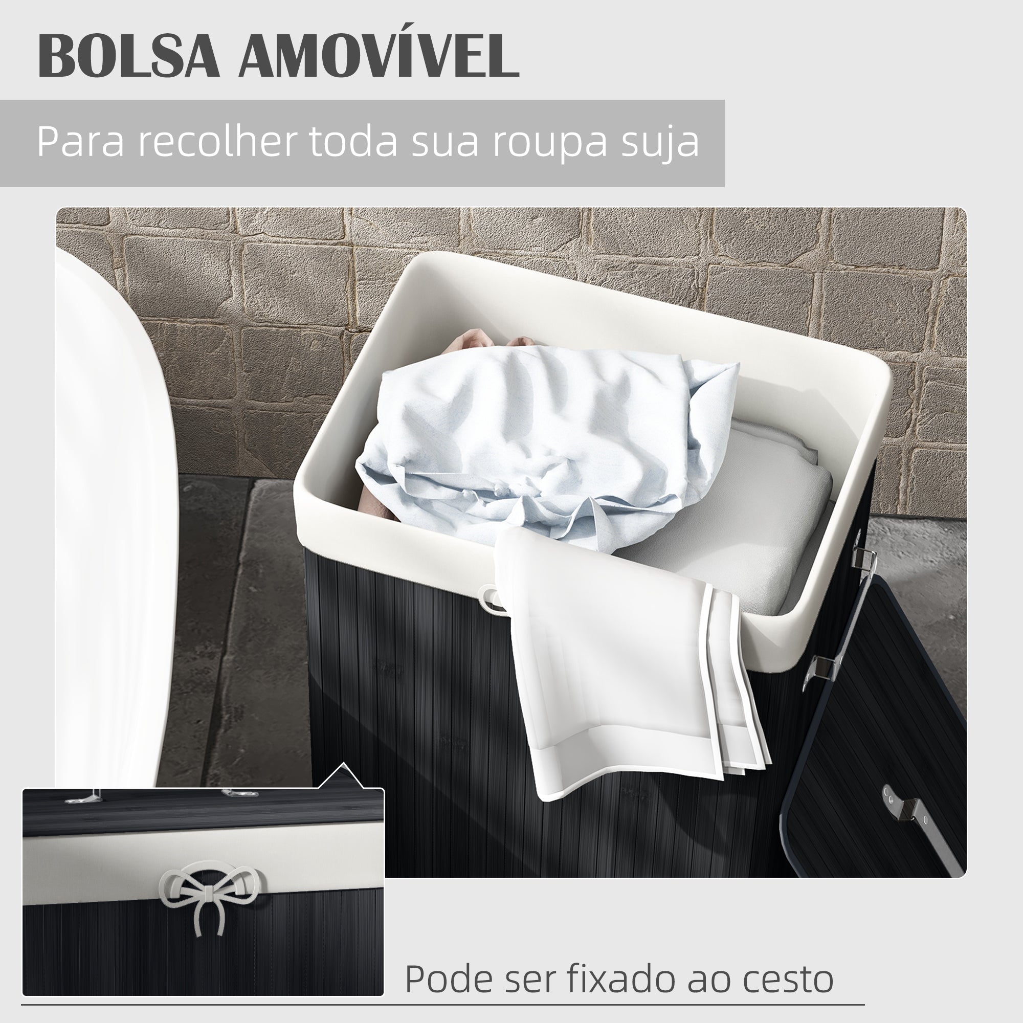 Cesto de Roupa de Bambu Dobrável 40x30x60 cm Preto