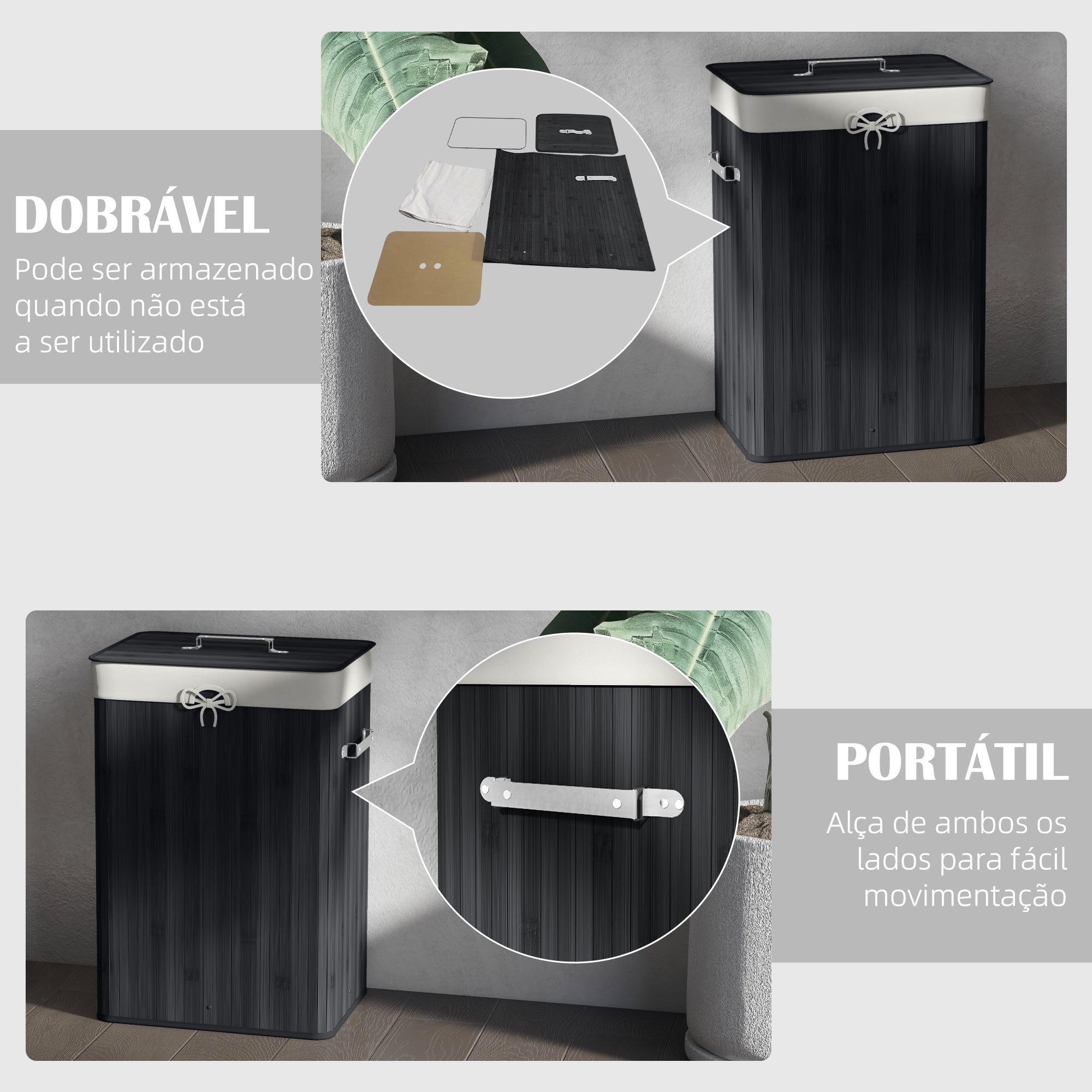 Cesto de Roupa de Bambu Dobrável 40x30x60 cm Preto