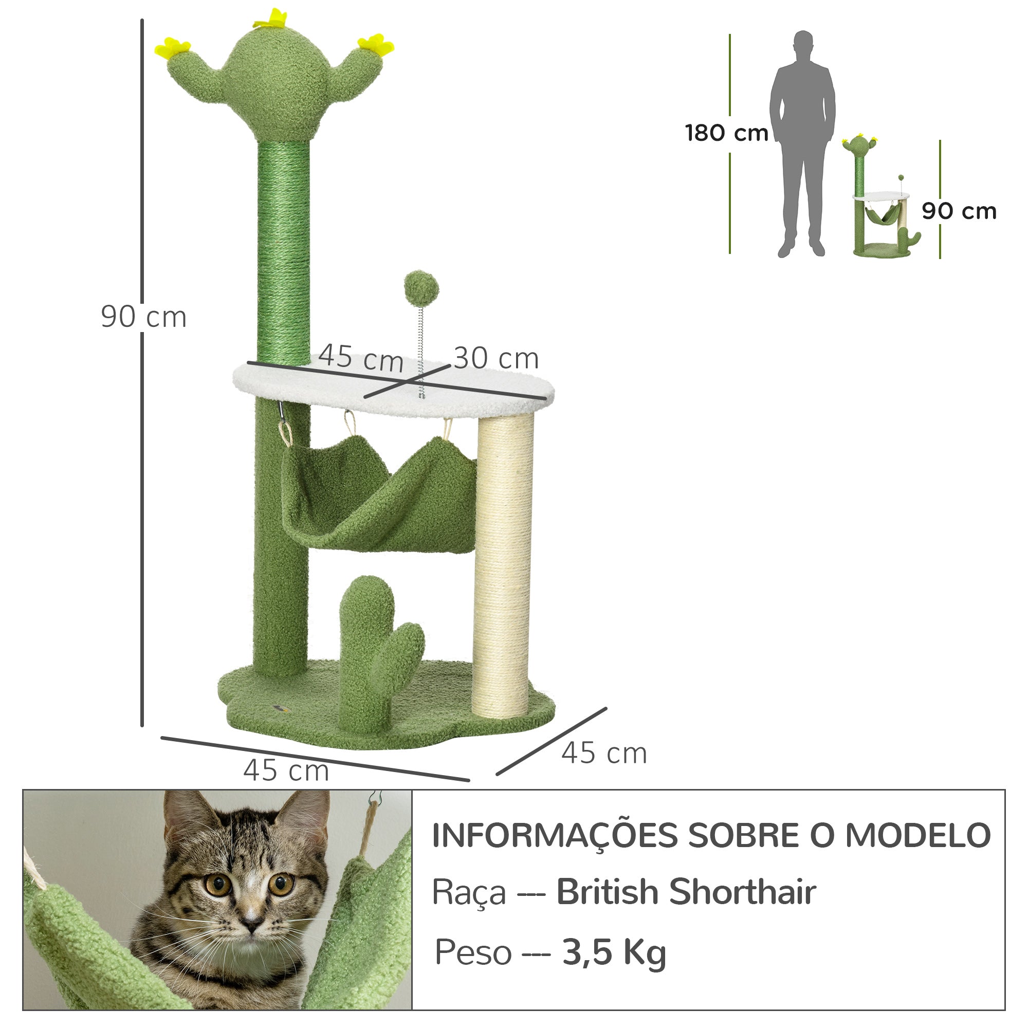 Árvore Arranhador para Gatos Verde 45x45x90 cm - Espaço Confortável e Divertido para o Seu Felino