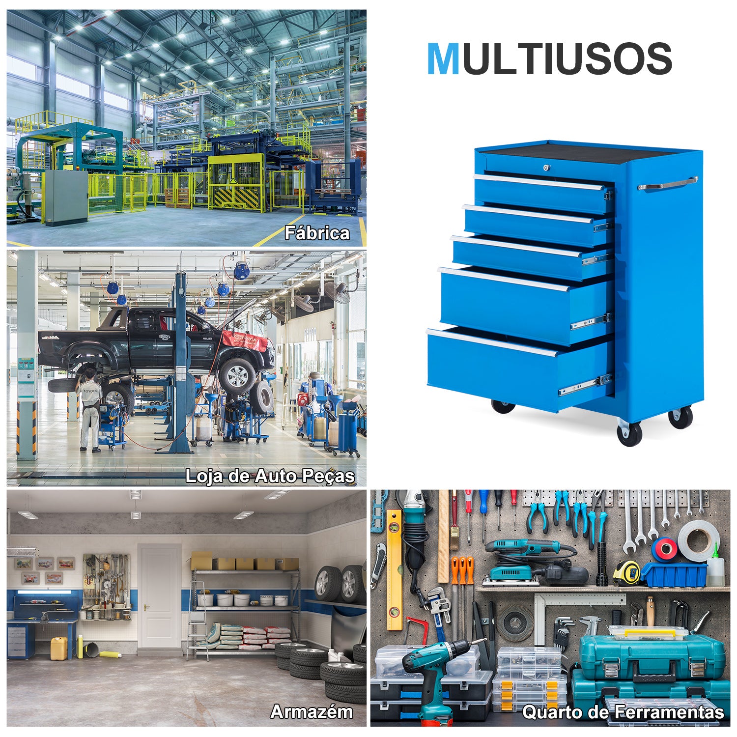 Carrinho de Ferramentas com 5 Gavetas e Rodas - Azul 61,5x33x85 cm