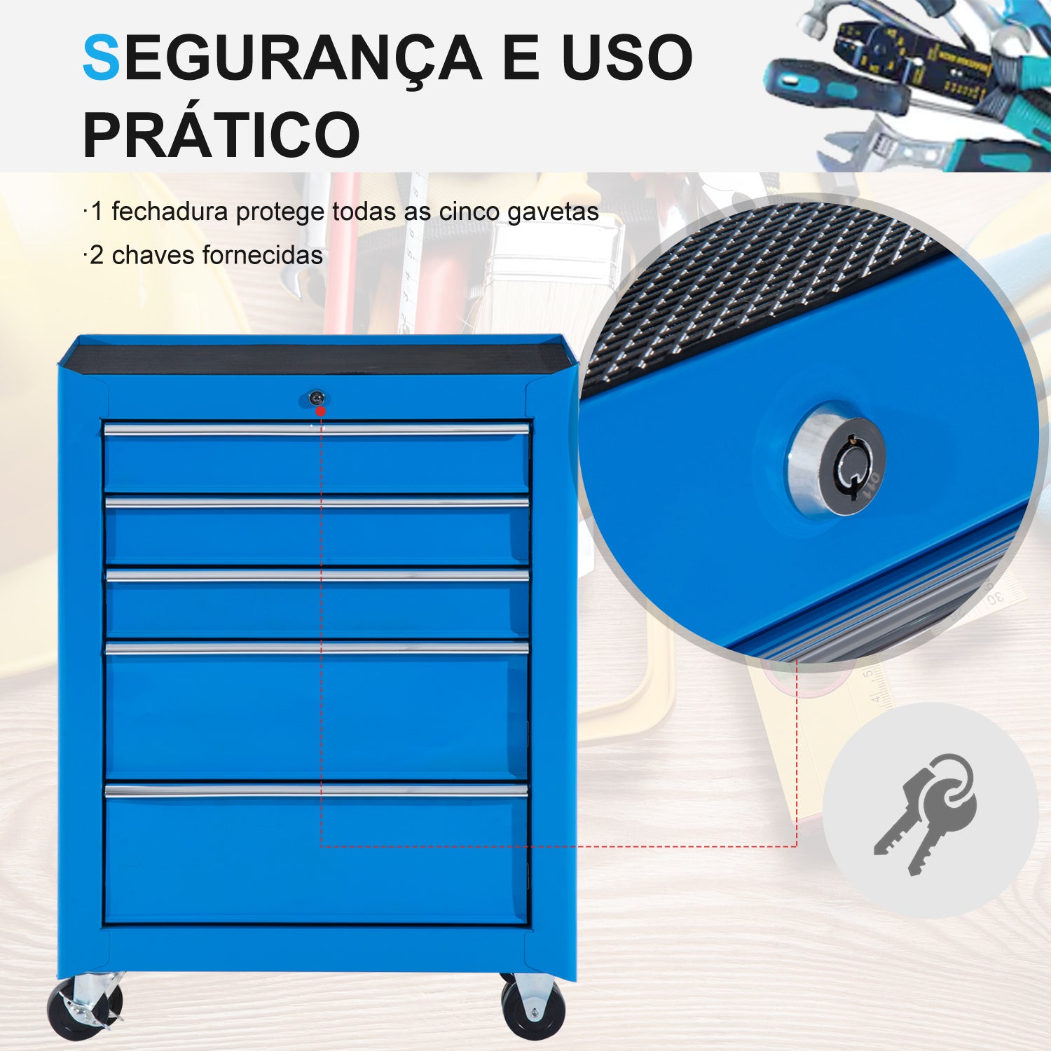 Carrinho de Ferramentas com 5 Gavetas e Rodas - Azul 61,5x33x85 cm