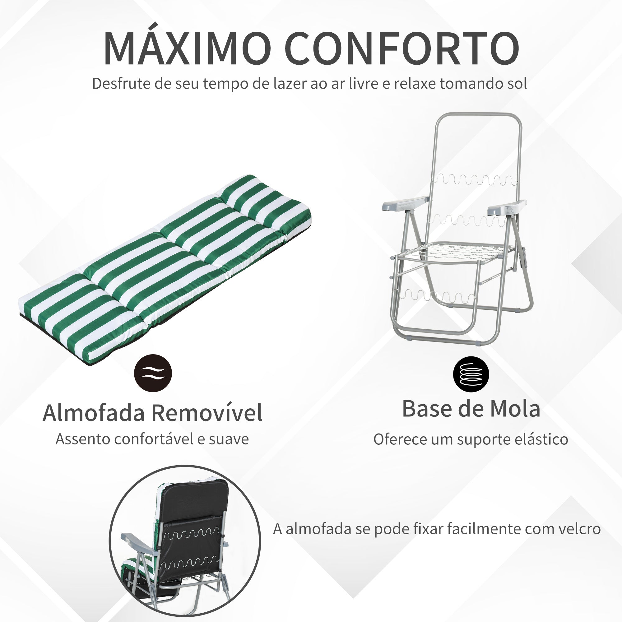 Espreguiçadeiras de Jardim Dobráveis com Almofada Acolchoada - 60x75x102cm - Verde e Branco