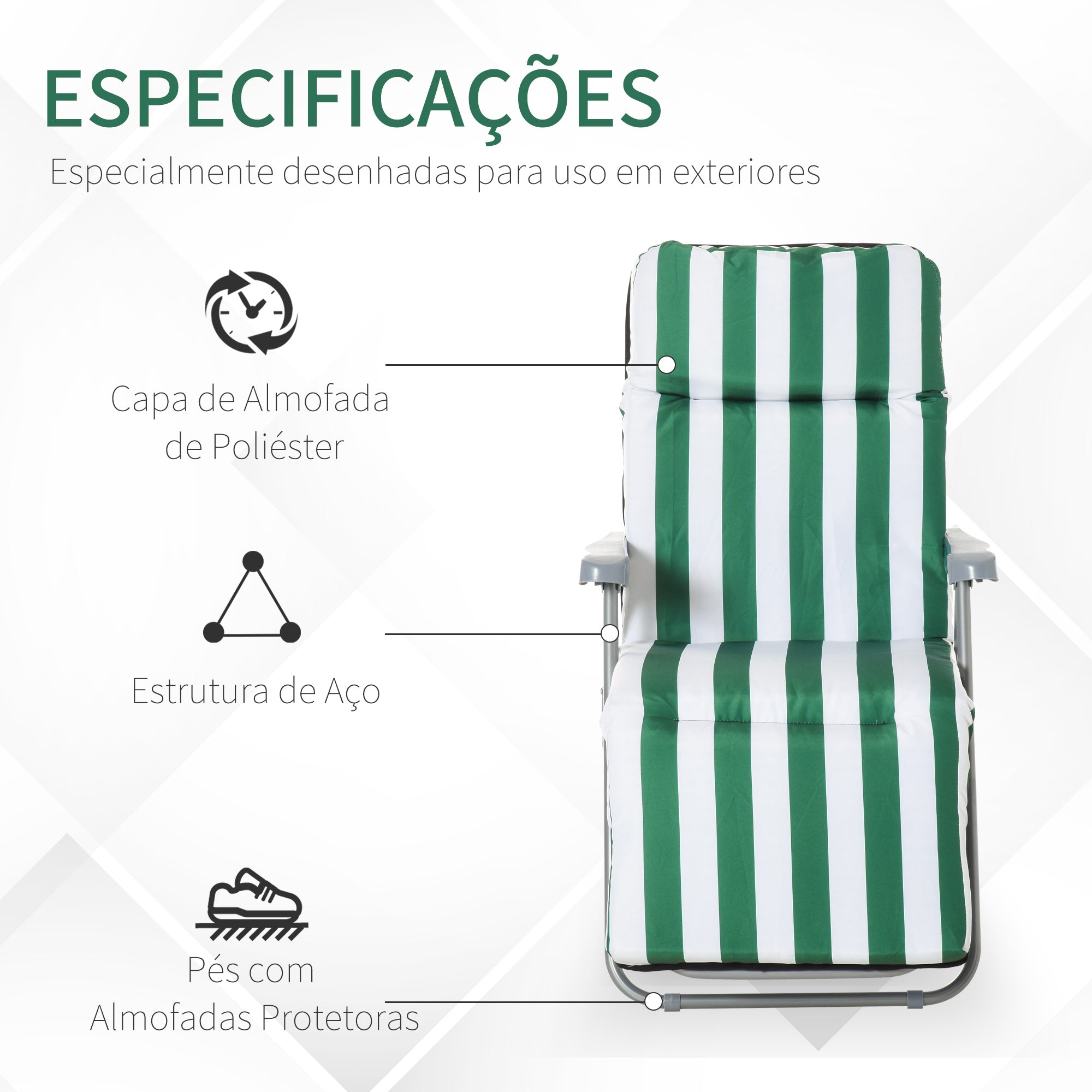 Espreguiçadeiras de Jardim Dobráveis com Almofada Acolchoada - 60x75x102cm - Verde e Branco