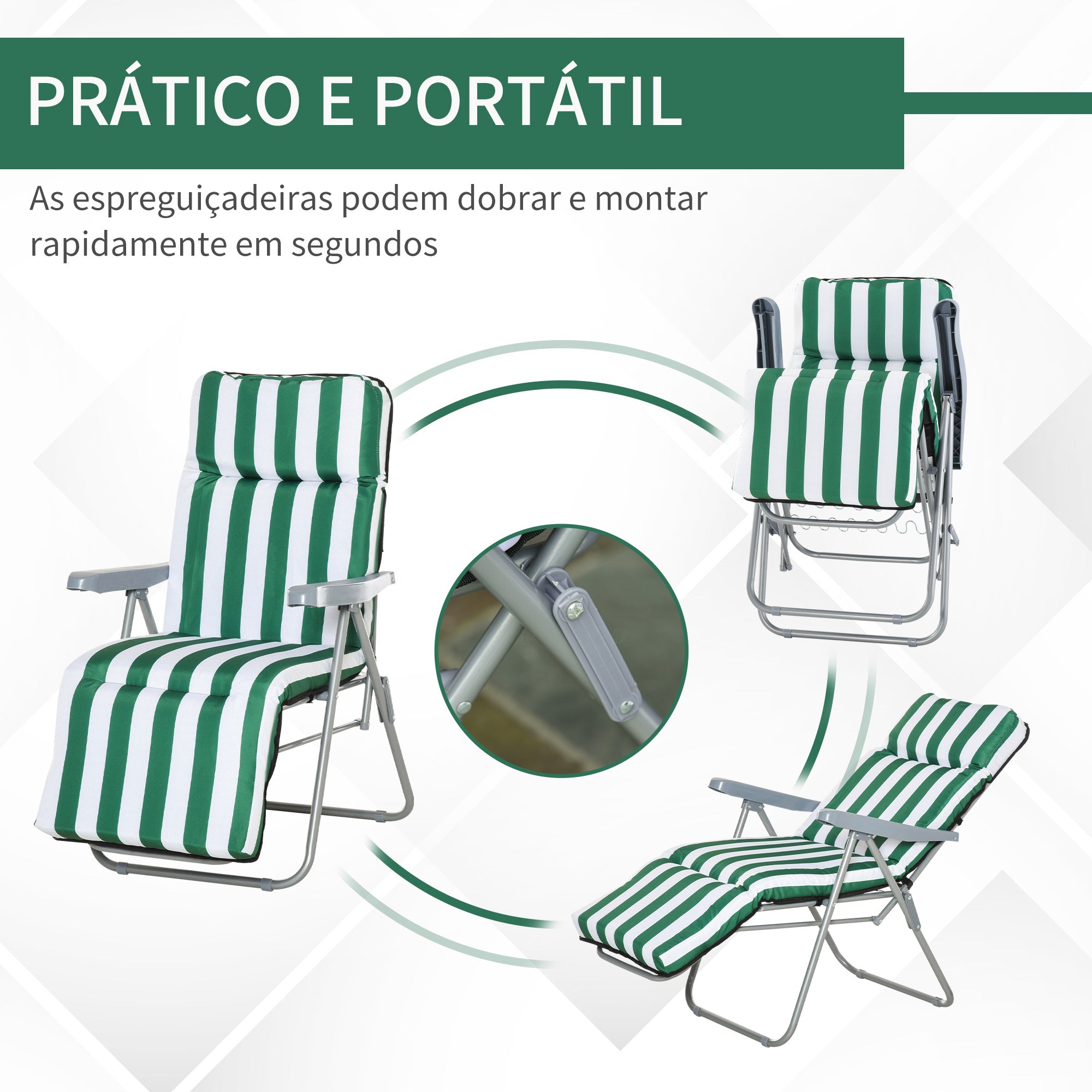 Espreguiçadeiras de Jardim Dobráveis com Almofada Acolchoada - 60x75x102cm - Verde e Branco