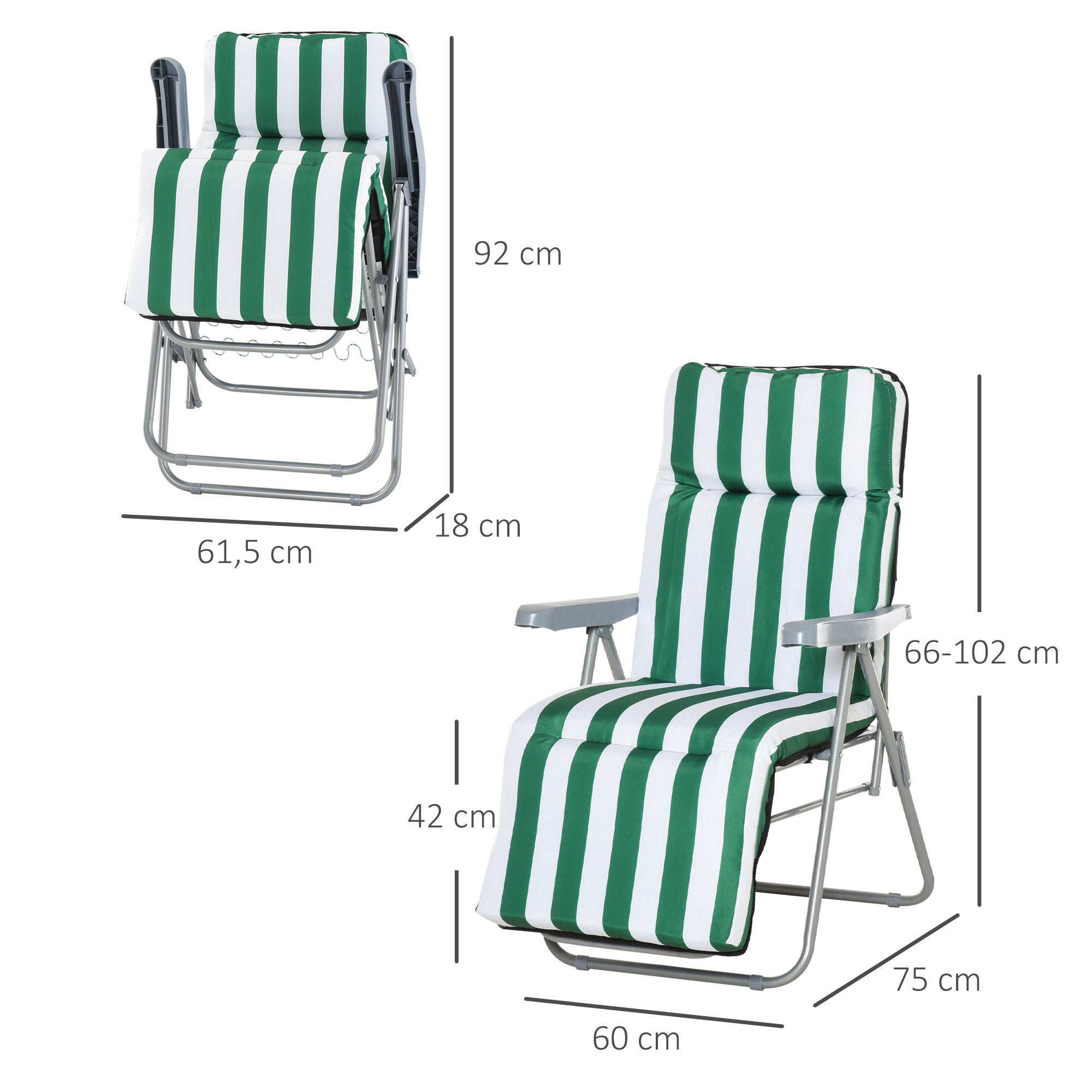 Espreguiçadeiras de Jardim Dobráveis com Almofada Acolchoada - 60x75x102cm - Verde e Branco
