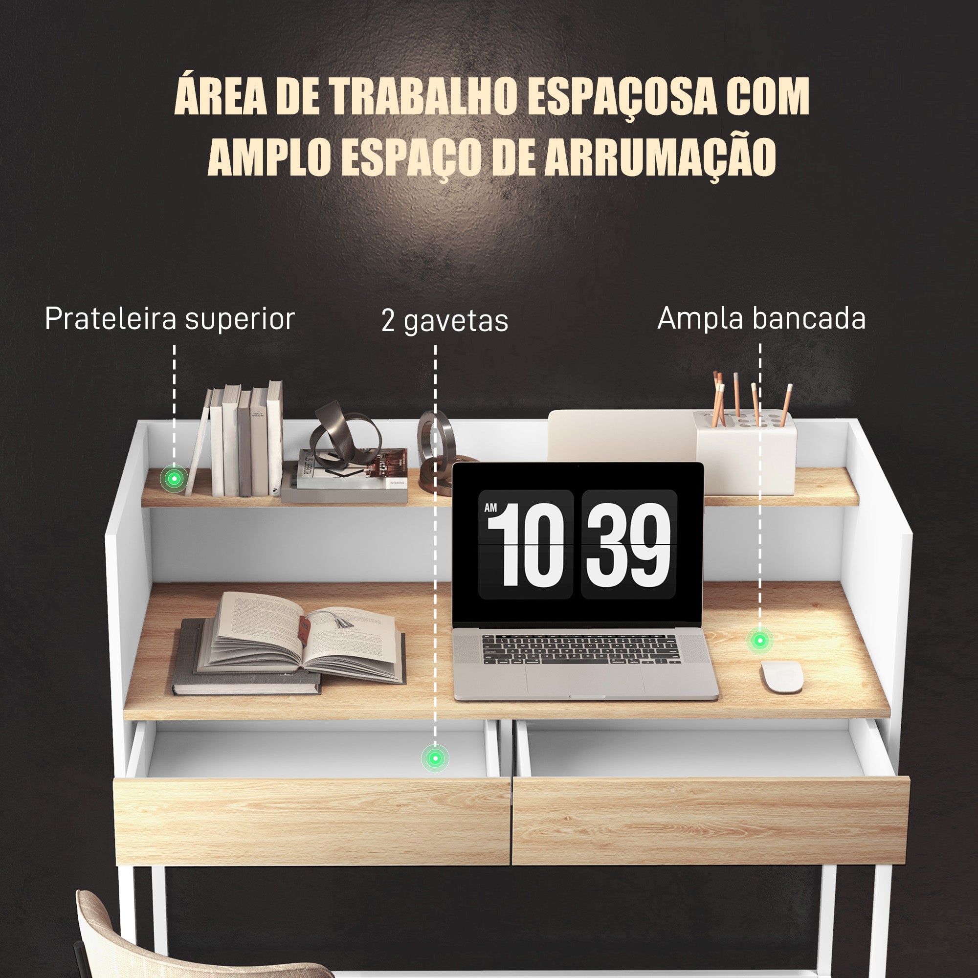 Secretária Moderna com 2 Gavetas e Prateleira 106x51,5x102,5 cm Branco e Madeira