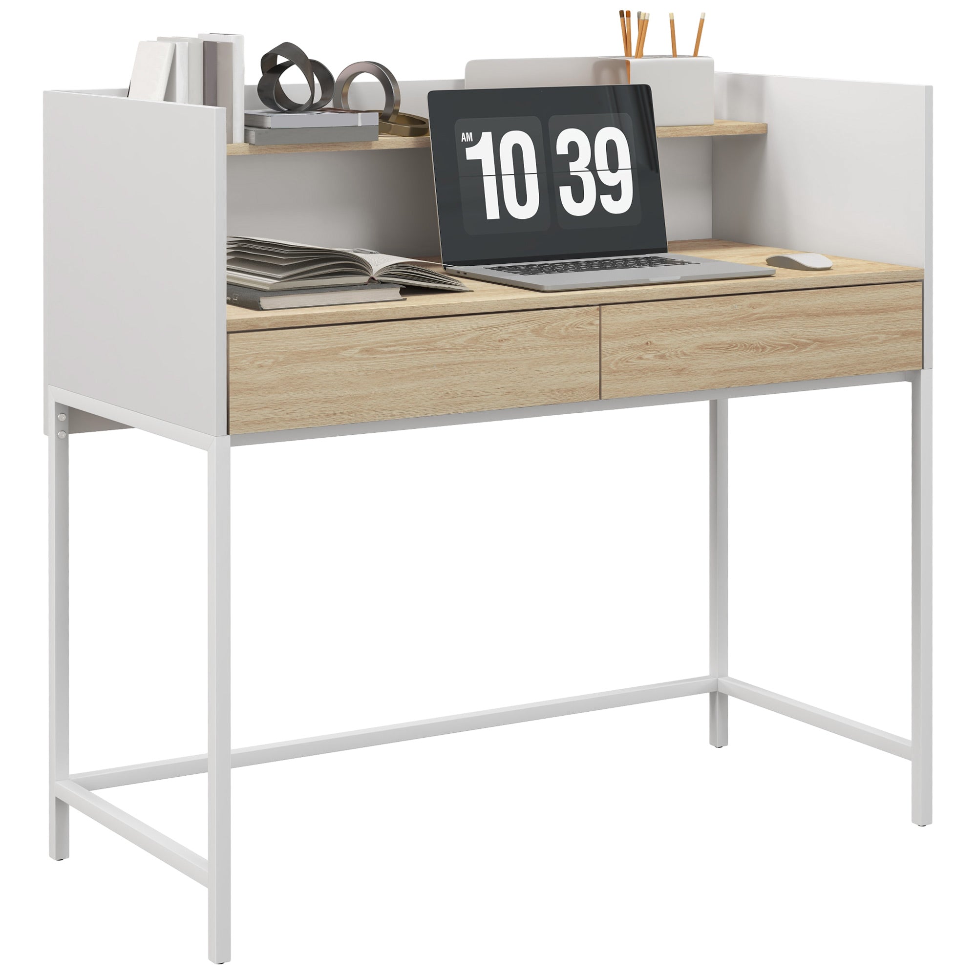 Secretária Moderna com 2 Gavetas e Prateleira 106x51,5x102,5 cm Branco e Madeira