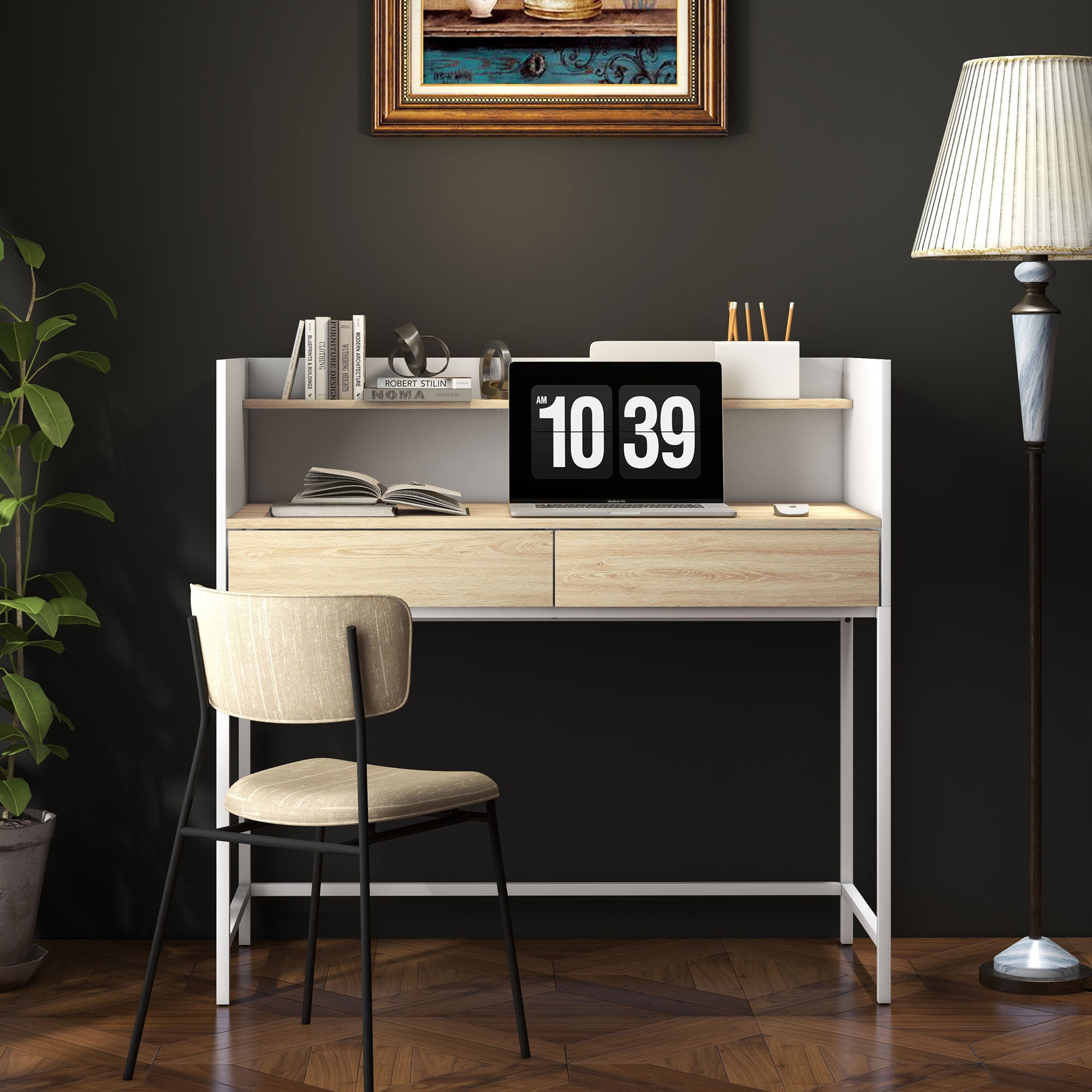 Secretária Moderna com 2 Gavetas e Prateleira 106x51,5x102,5 cm Branco e Madeira