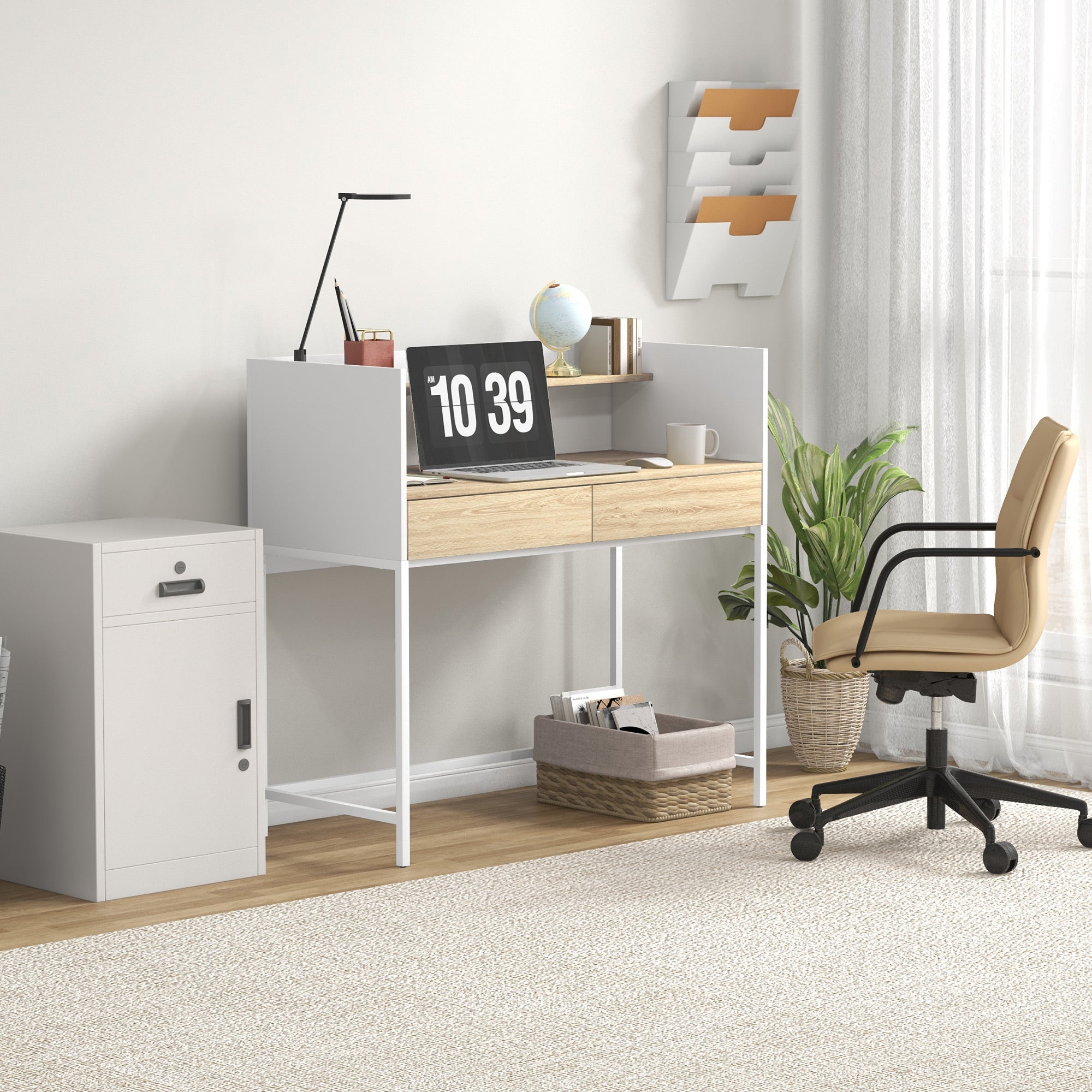 Secretária Moderna com 2 Gavetas e Prateleira 106x51,5x102,5 cm Branco e Madeira