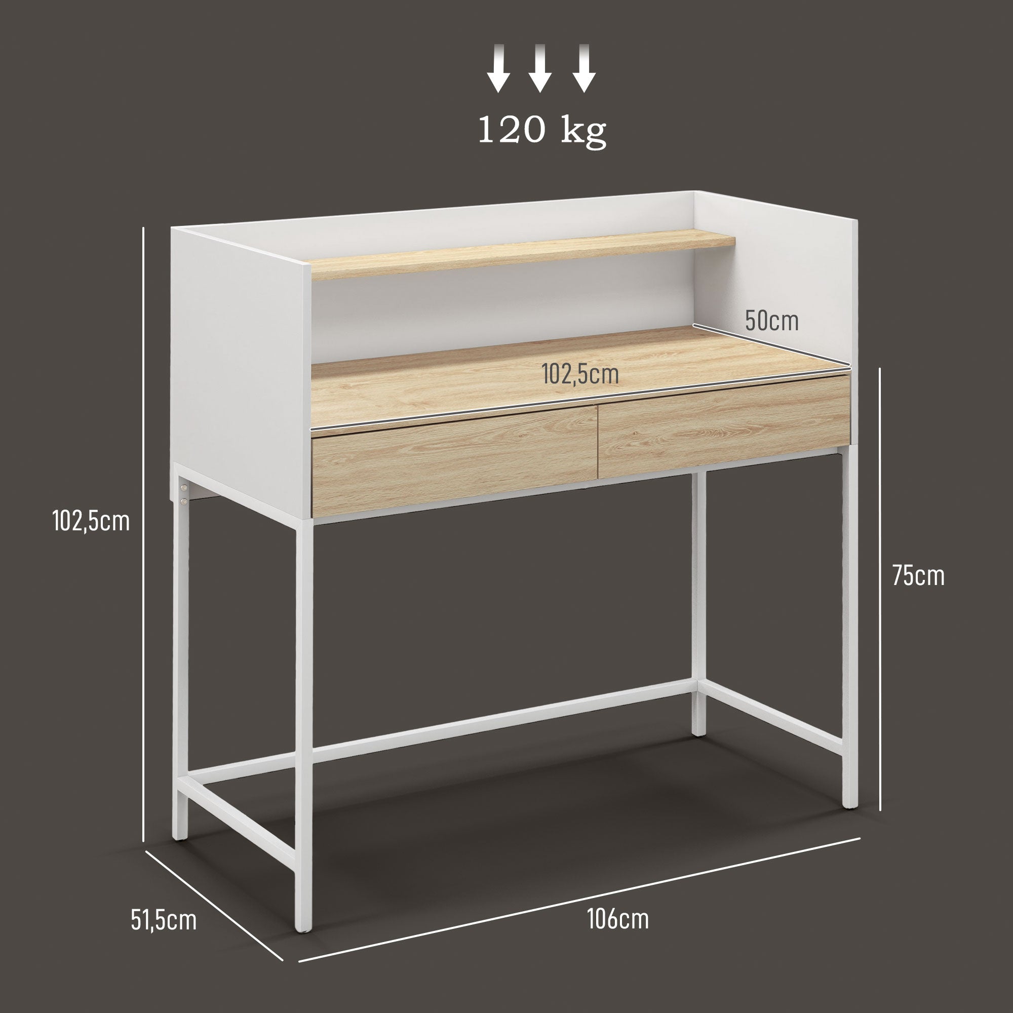 Secretária Moderna com 2 Gavetas e Prateleira 106x51,5x102,5 cm Branco e Madeira