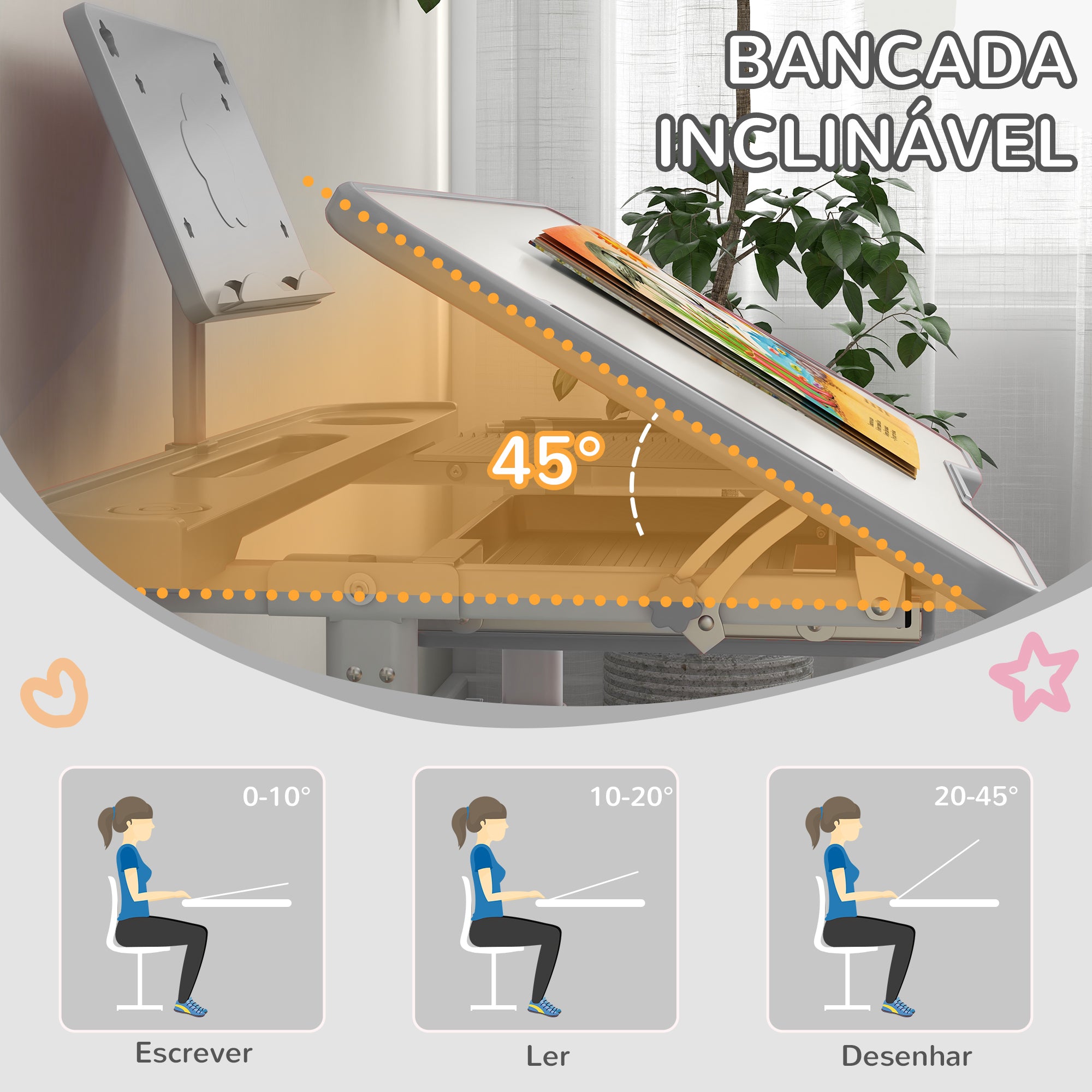 Conjunto Secretária e Cadeira Infantil Altura Ajustável 80x49,5x82-104 cm Cinzento