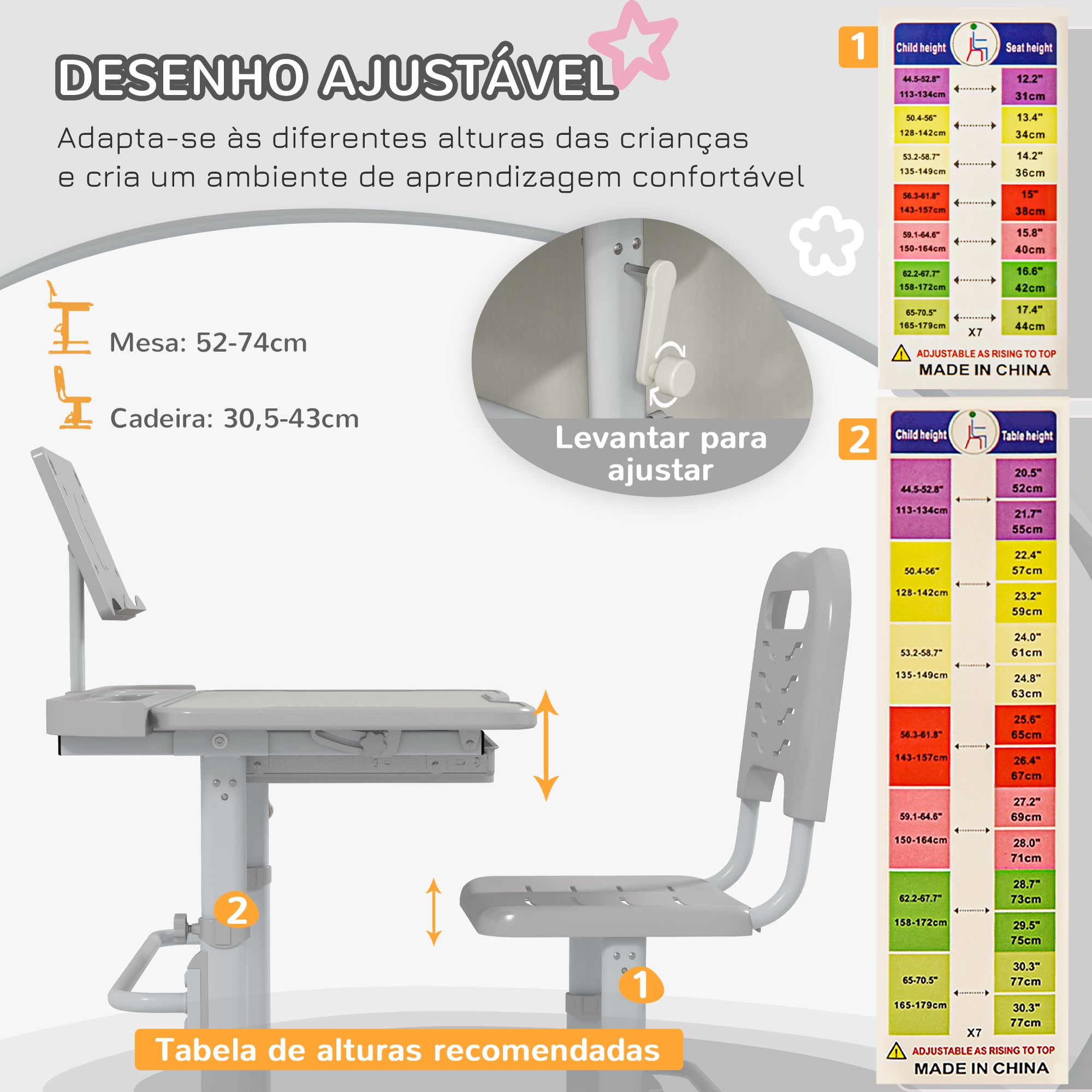Conjunto Secretária e Cadeira Infantil Altura Ajustável 80x49,5x82-104 cm Cinzento