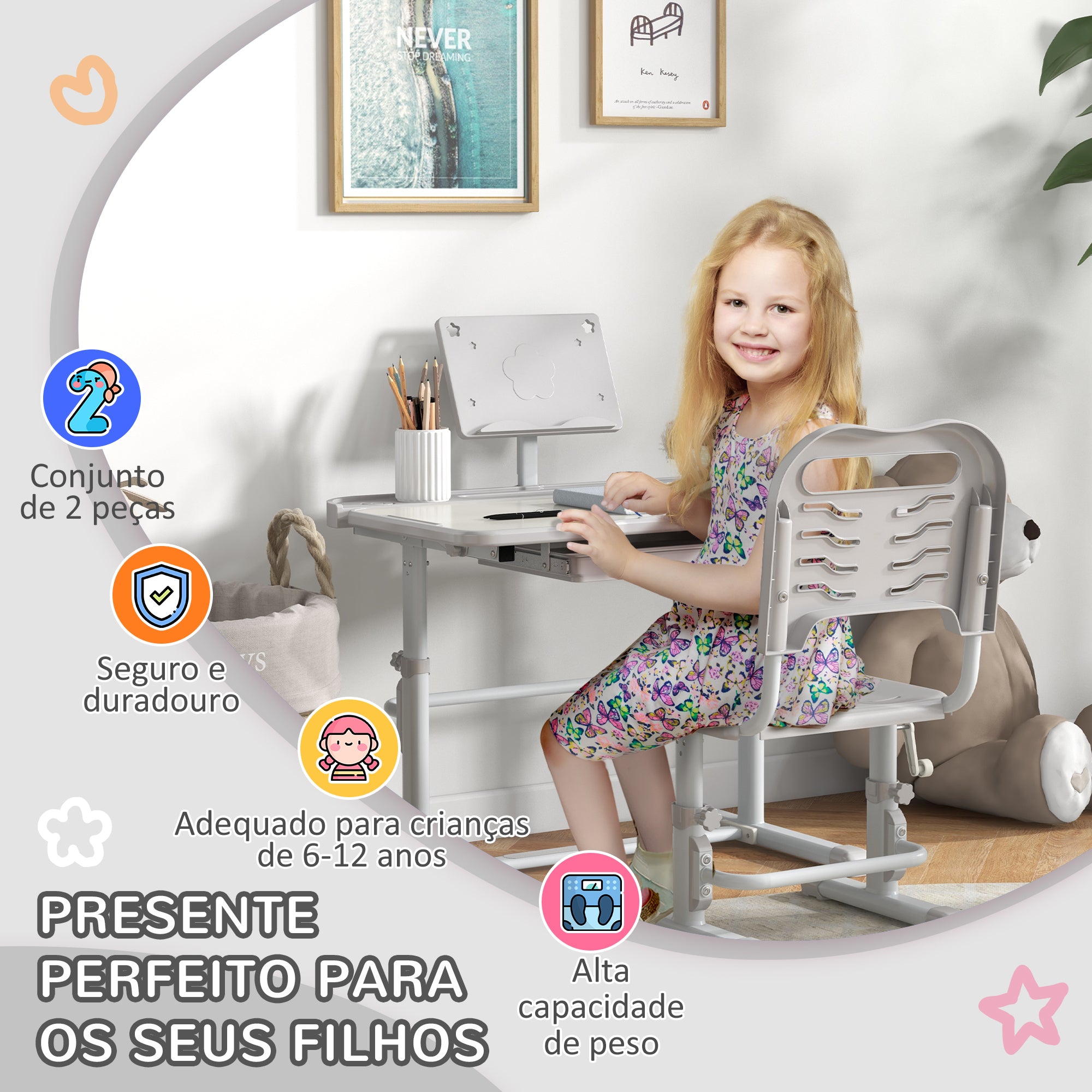 Conjunto Secretária e Cadeira Infantil Altura Ajustável 80x49,5x82-104 cm Cinzento