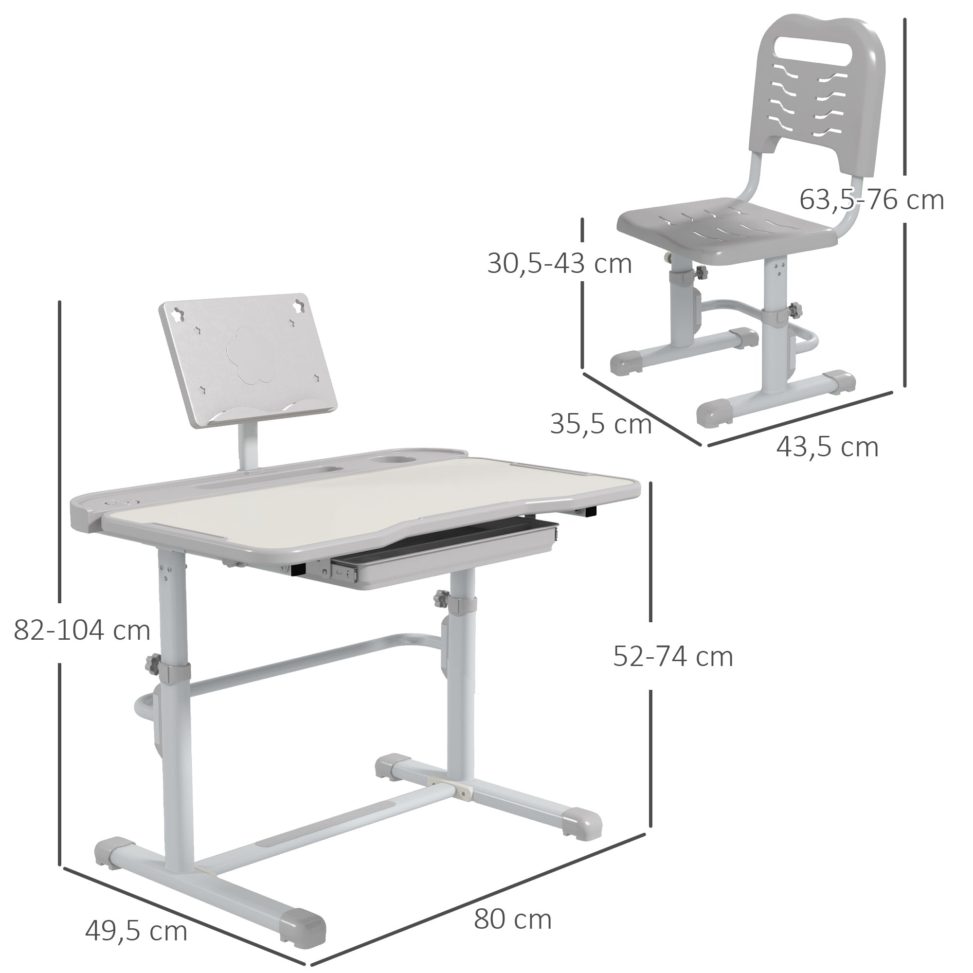Conjunto Secretária e Cadeira Infantil Altura Ajustável 80x49,5x82-104 cm Cinzento