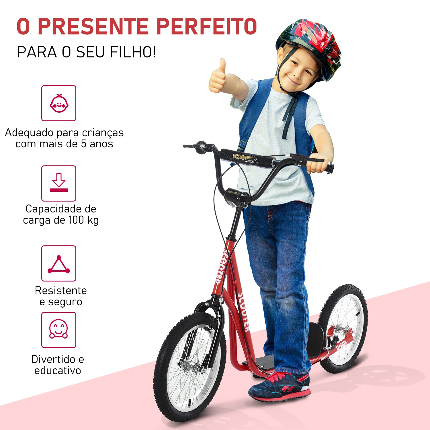 Trotinete Infantil Vermelha com Guiador Ajustável 139x58x90-96 cm
