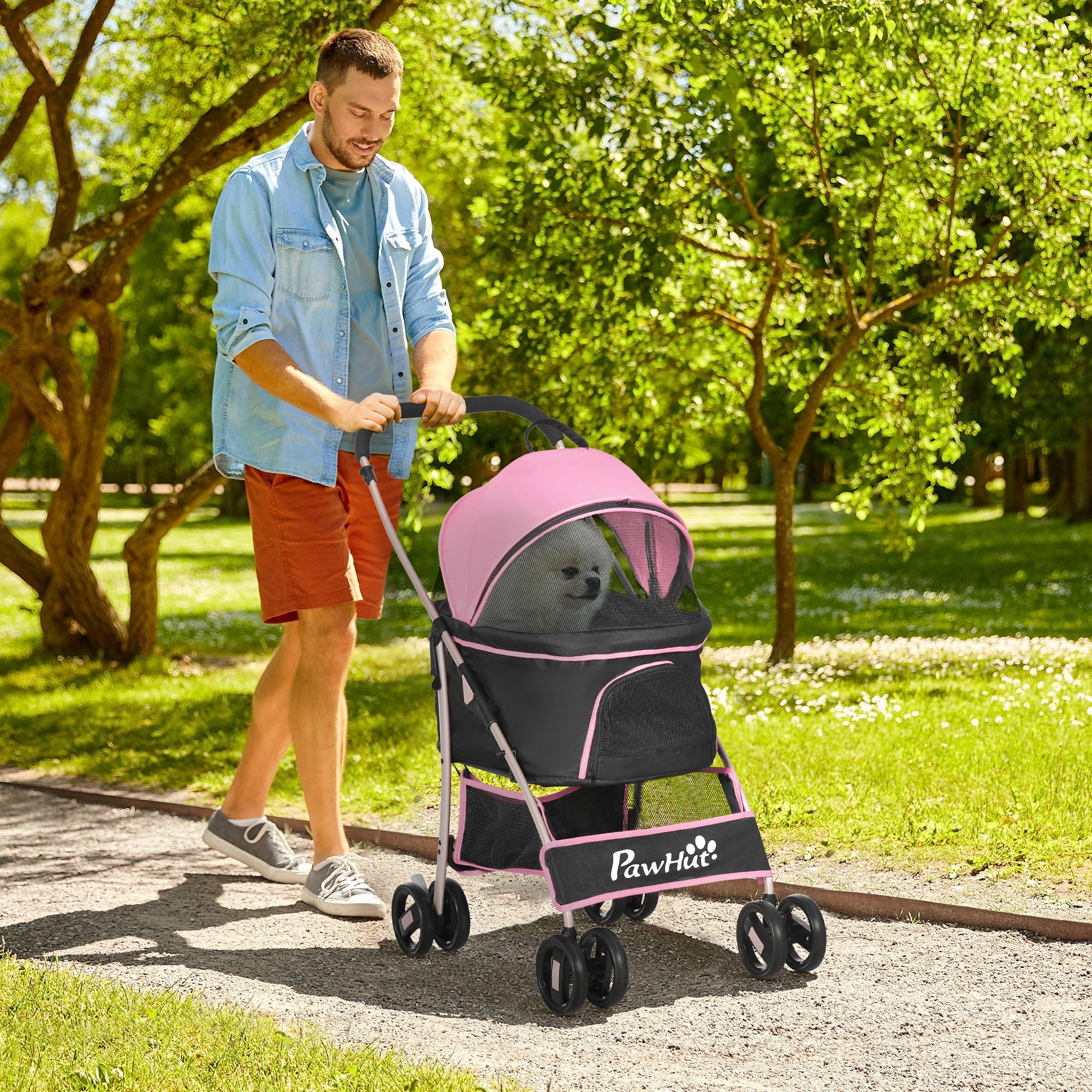 Carrinho para Animais de Estimação 3 em 1 – 82x49,5x98 cm – Rosa – Aço e Tecido Oxford 600D