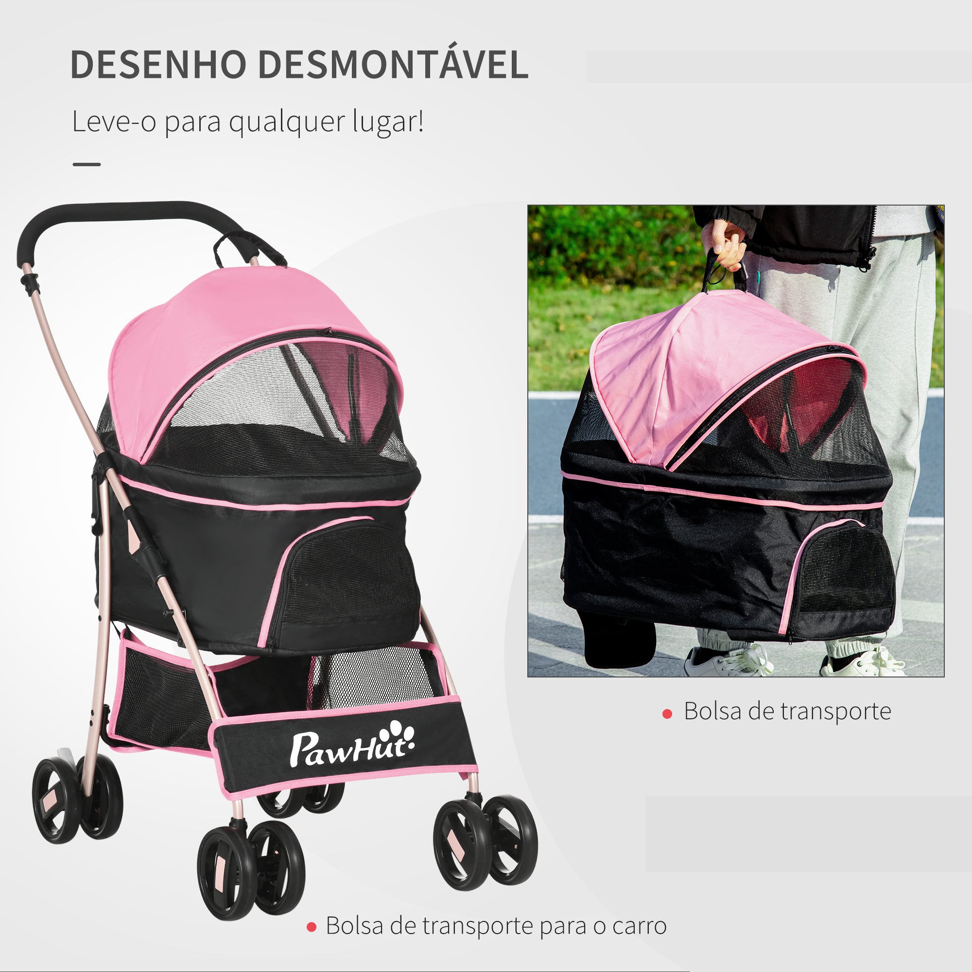 Carrinho para Animais de Estimação 3 em 1 – 82x49,5x98 cm – Rosa – Aço e Tecido Oxford 600D